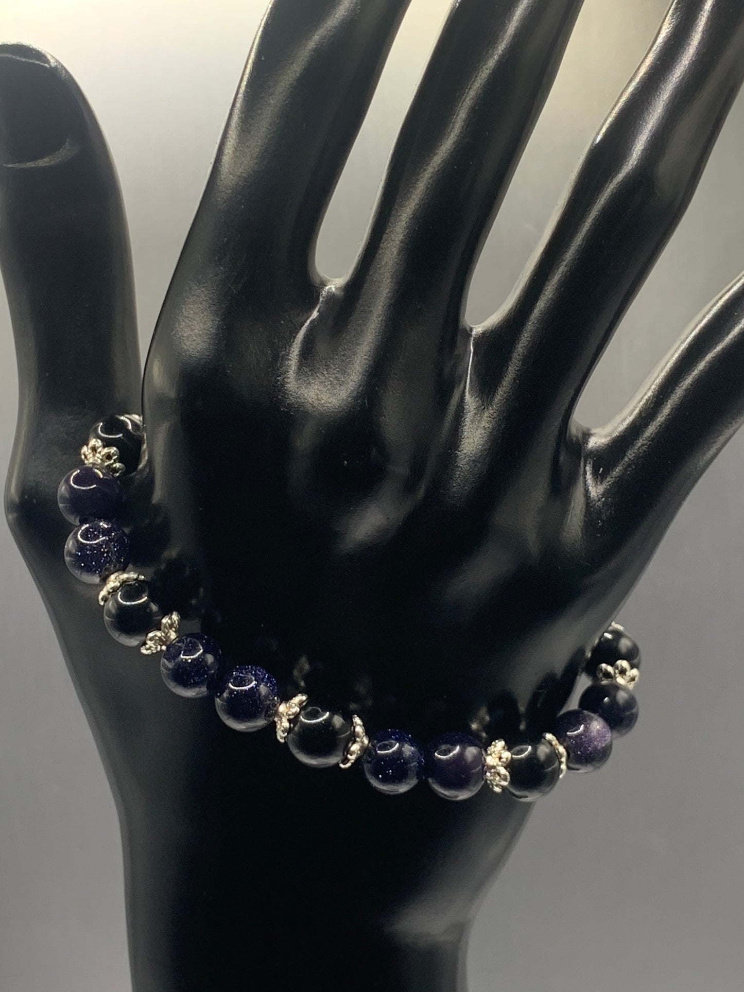 Black obsidian with blue sandstone semi precious stone/crystal beaded elastic bracelet with silver plated flower bead caps