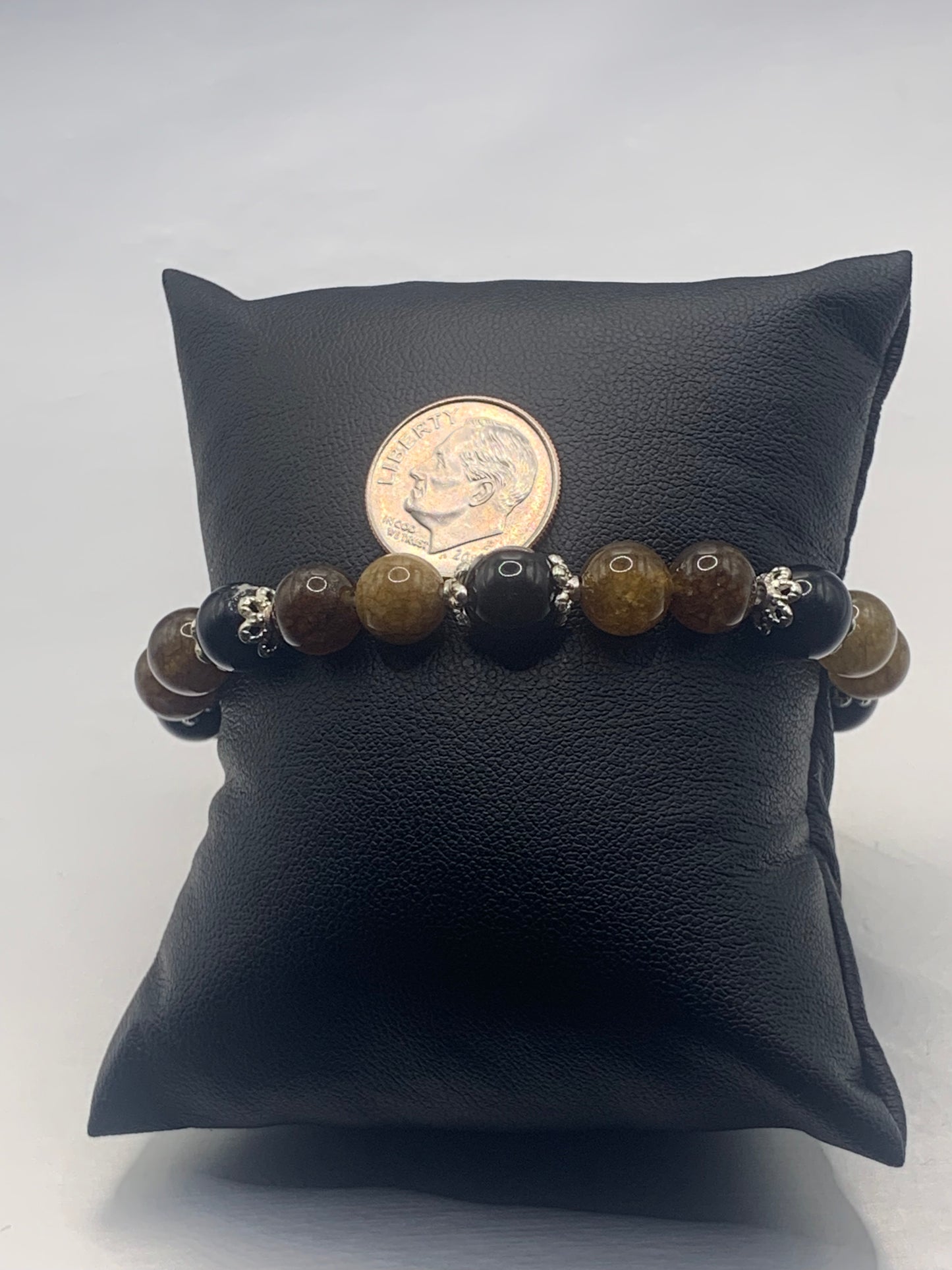 Black obsidian with brown tourmaline semi precious stone/crystal beaded elastic bracelet with silver plated flower bead caps