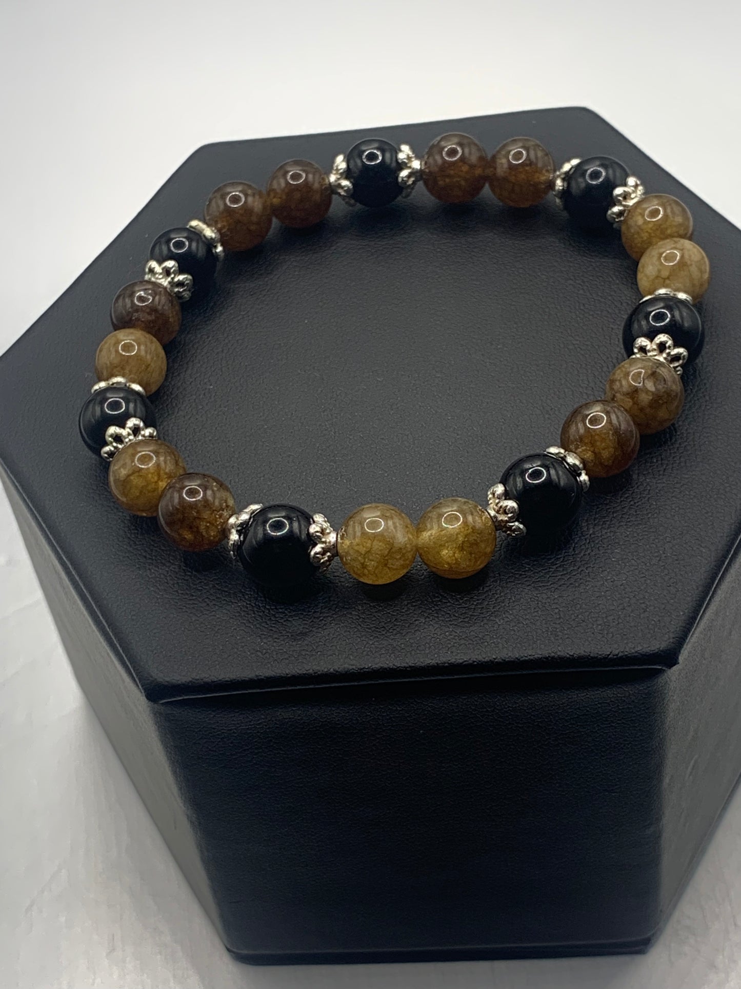 Black obsidian with brown tourmaline semi precious stone/crystal beaded elastic bracelet with silver plated flower bead caps