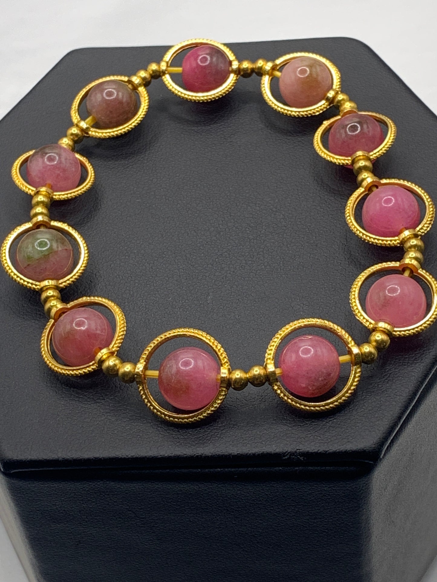 Datura chalcedony semi precious stone/crystal elastic beaded bracelet with gold colored rings