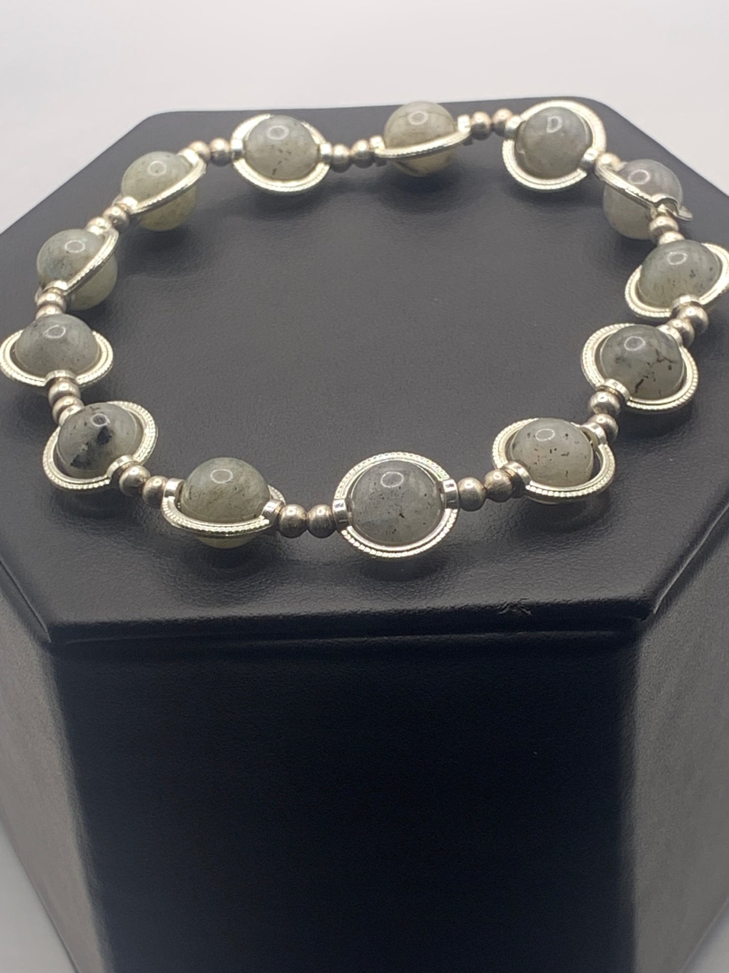 Labradorite semi precious stone/crystal elastic beaded bracelet with silver colored rings