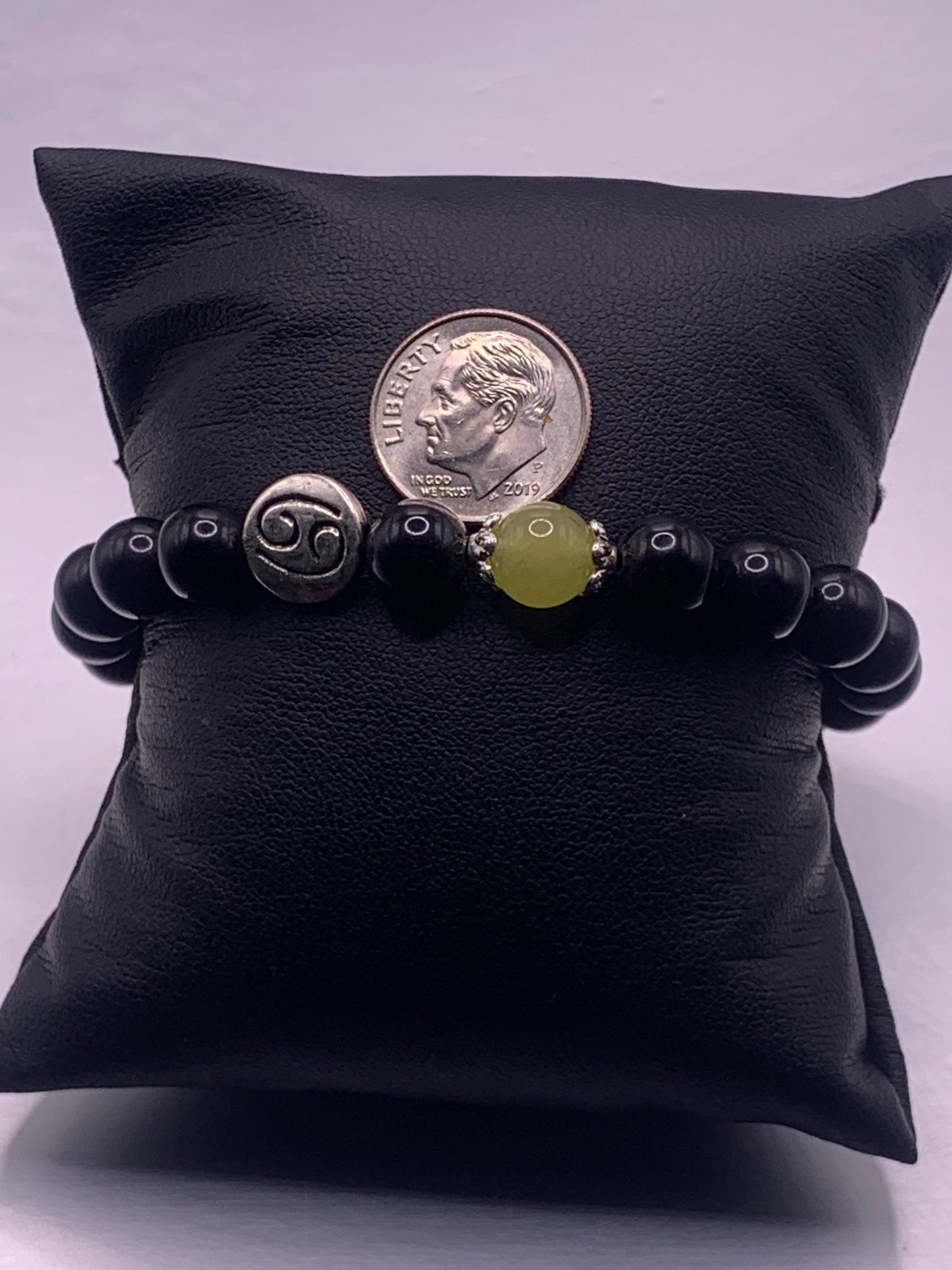 Cancer Zodiac black obsidian with apple agate semi precious stone/crystal elastic beaded bracelet with silver accents