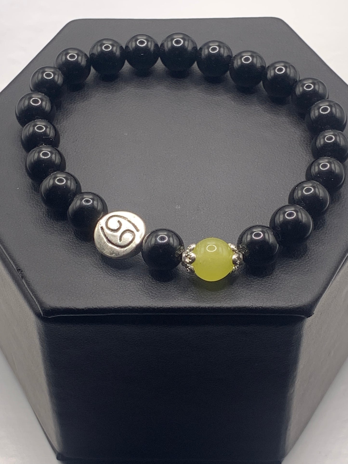 Cancer Zodiac black obsidian with apple agate semi precious stone/crystal elastic beaded bracelet with silver accents