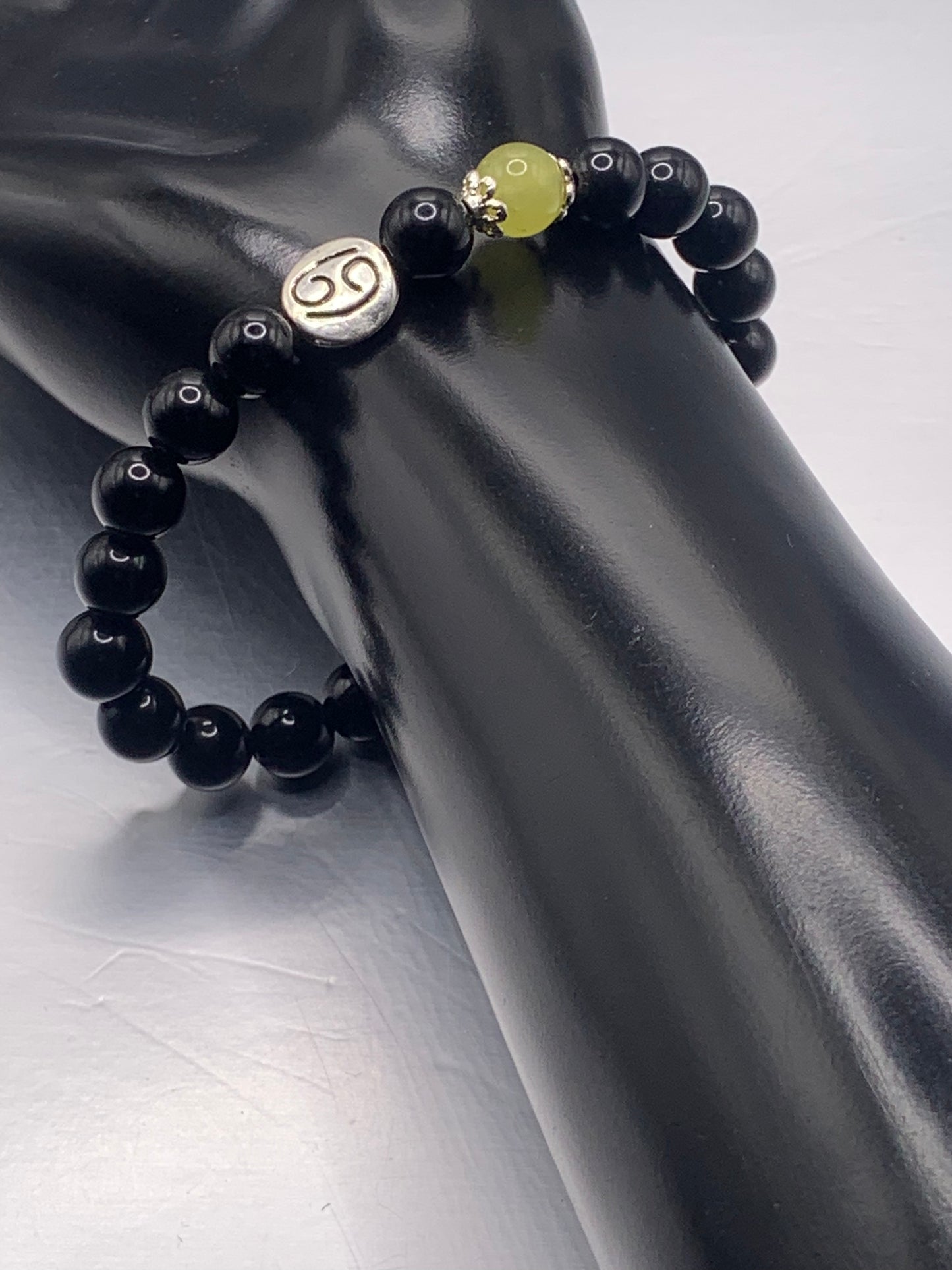 Cancer Zodiac black obsidian with apple agate semi precious stone/crystal elastic beaded bracelet with silver accents