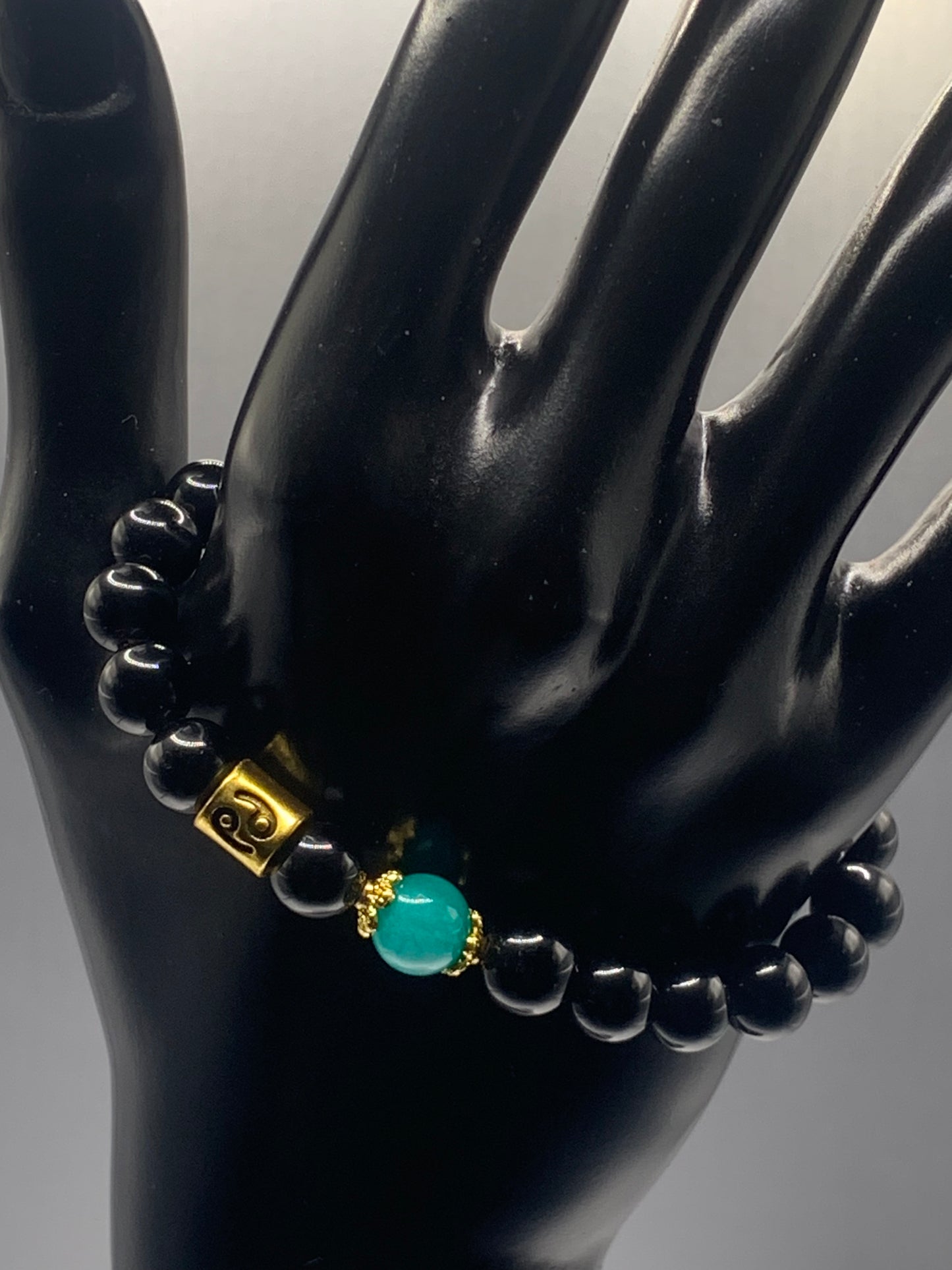 Cancer Zodiac black obsidian with opalite semi precious stone/crystal elastic beaded bracelet with gold accents