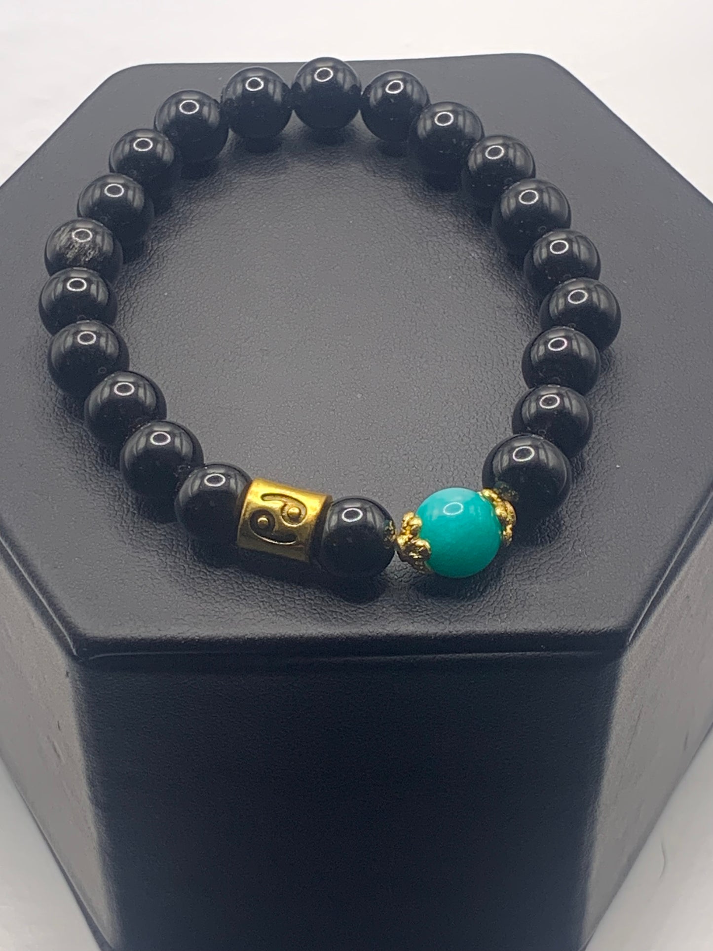 Cancer Zodiac black obsidian with aquamarine chalcedony semi precious stone/crystal elastic beaded bracelet with gold accents