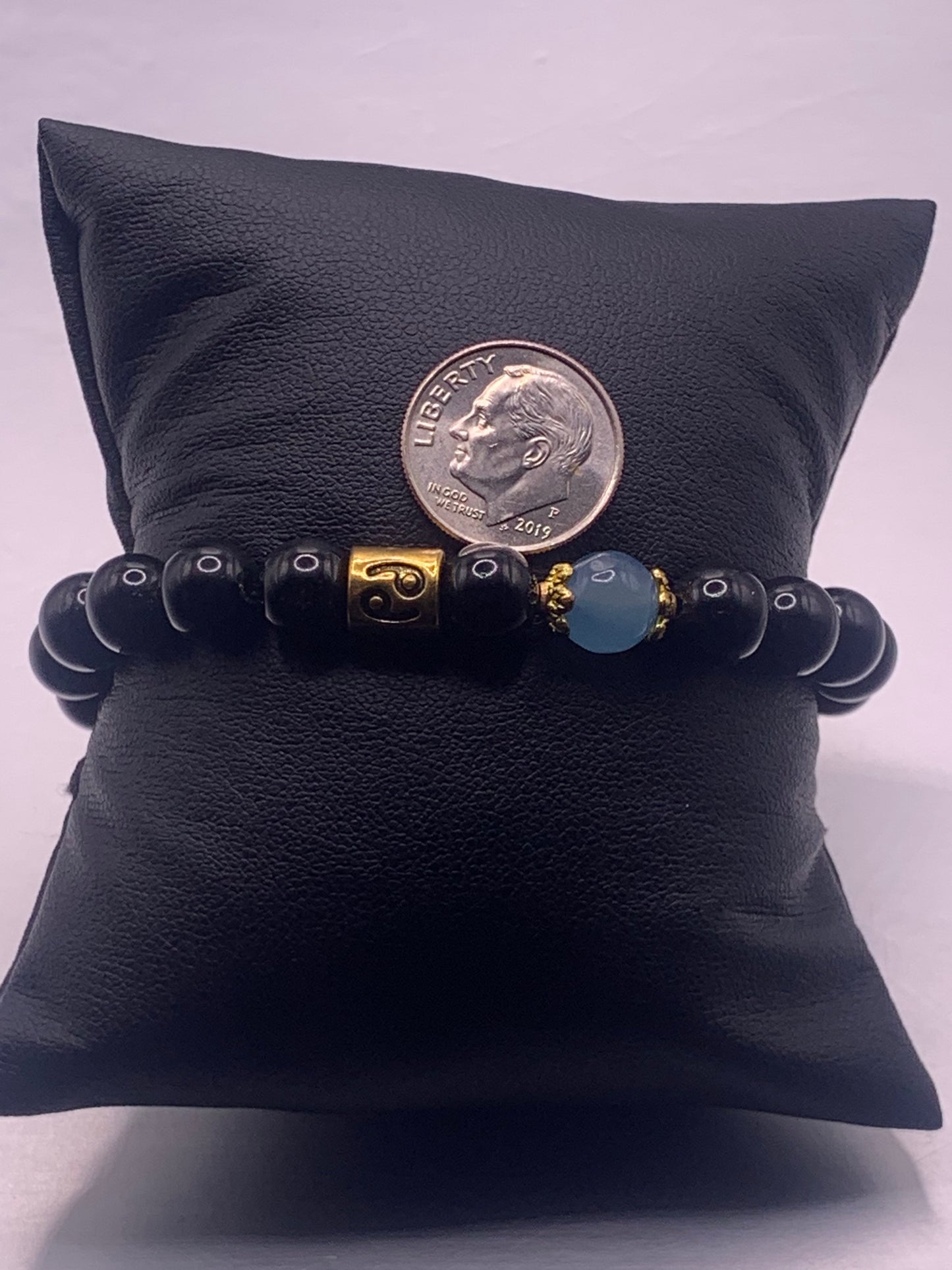 Cancer Zodiac black obsidian with blue agate semi precious stone/crystal elastic beaded bracelet with gold accents