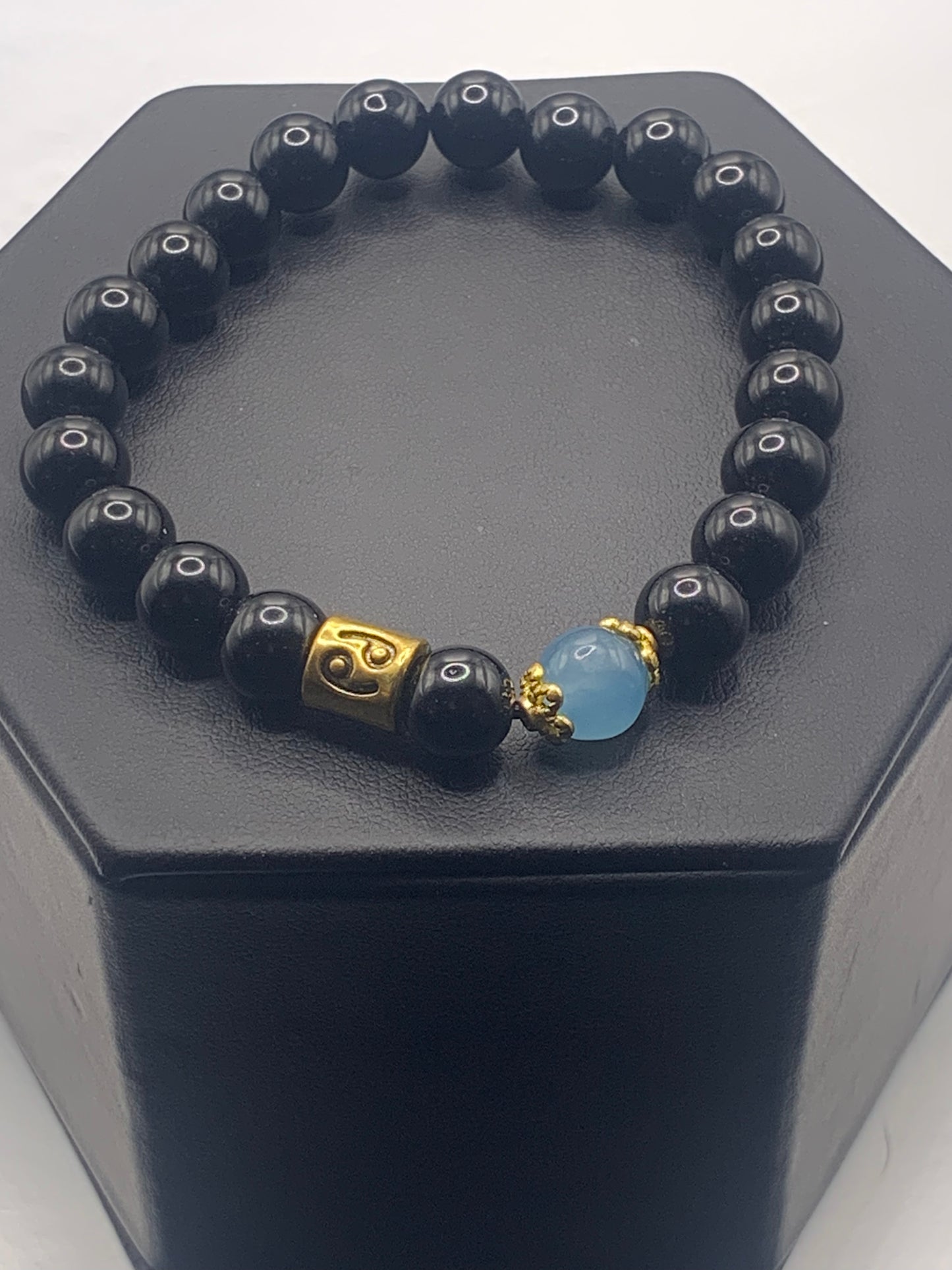 Cancer Zodiac black obsidian with blue agate semi precious stone/crystal elastic beaded bracelet with gold accents