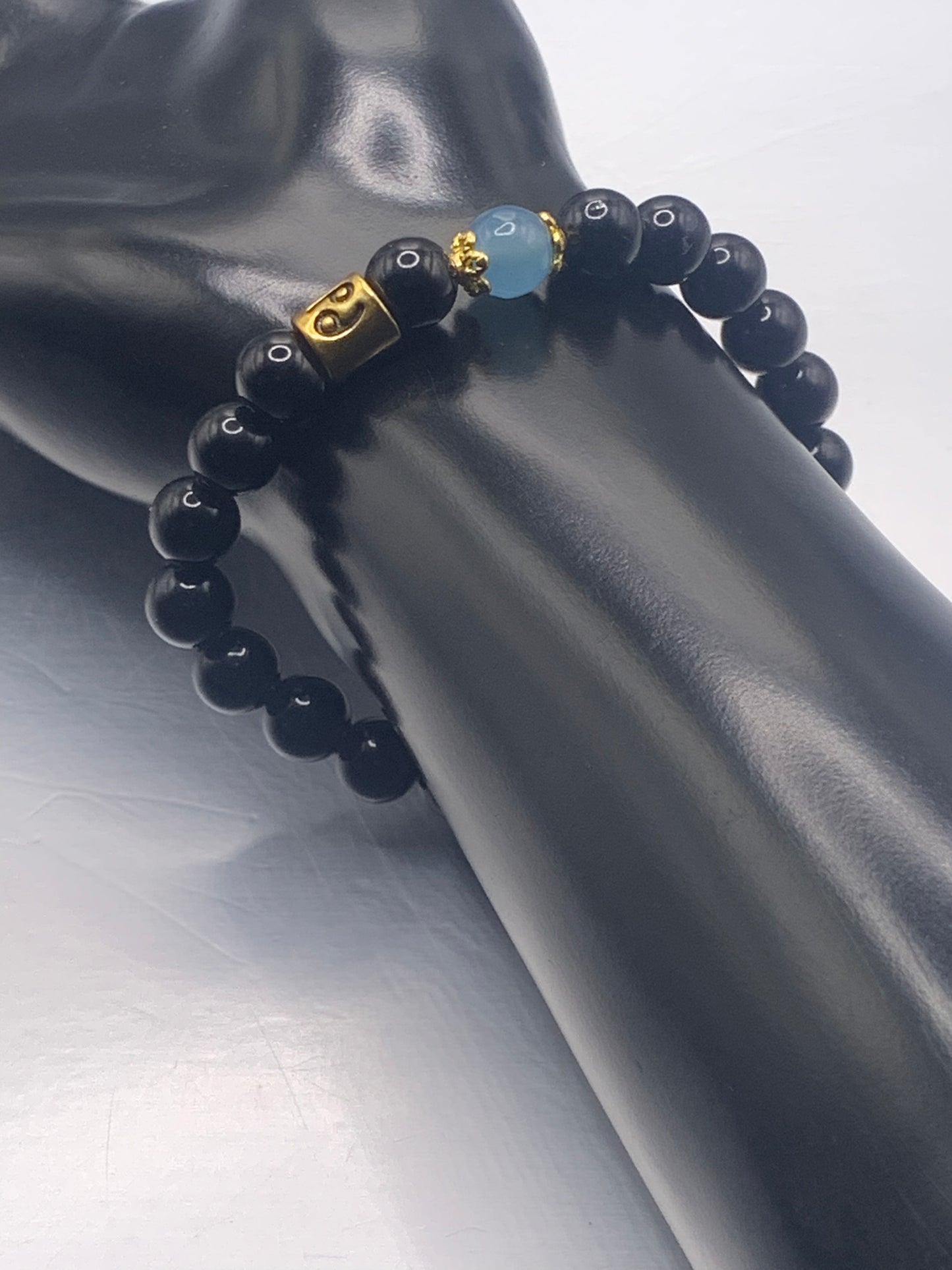 Cancer Zodiac black obsidian with blue agate semi precious stone/crystal elastic beaded bracelet with gold accents