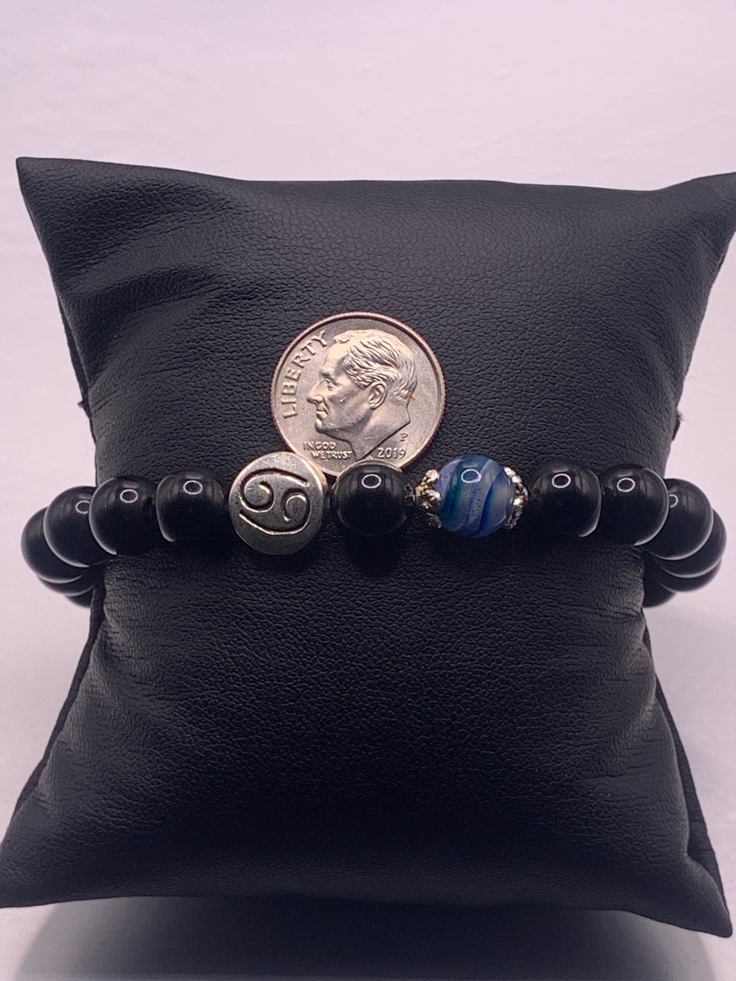 Cancer Zodiac black obsidian with blue lace agate semi precious stone/crystal elastic beaded bracelet with silver accents