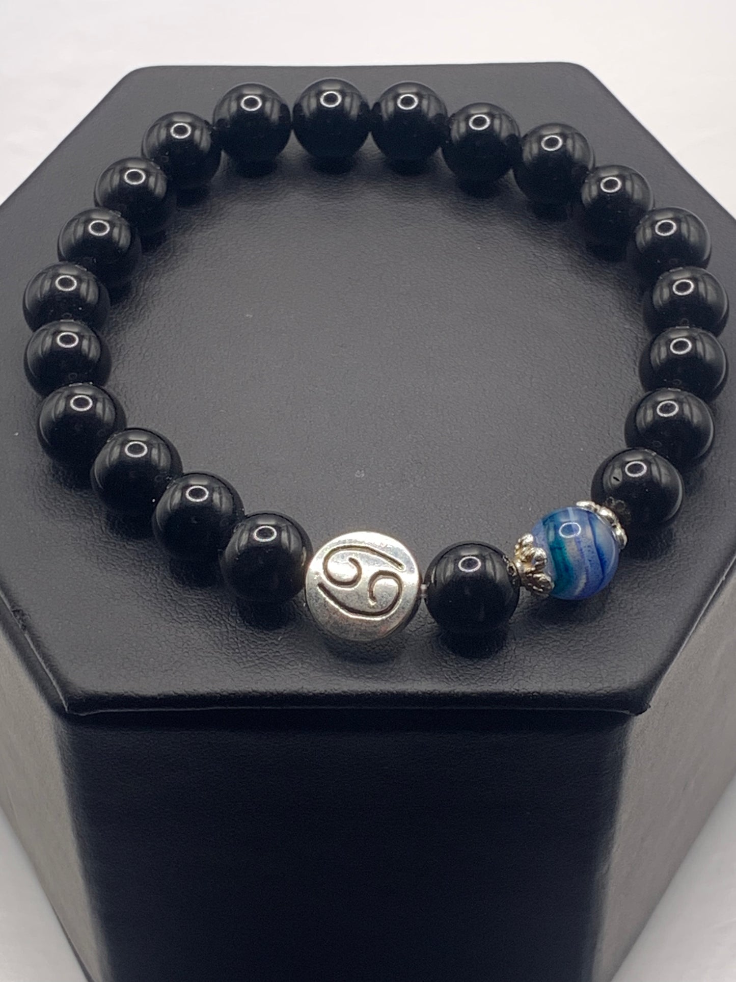 Cancer Zodiac black obsidian with blue lace agate semi precious stone/crystal elastic beaded bracelet with silver accents