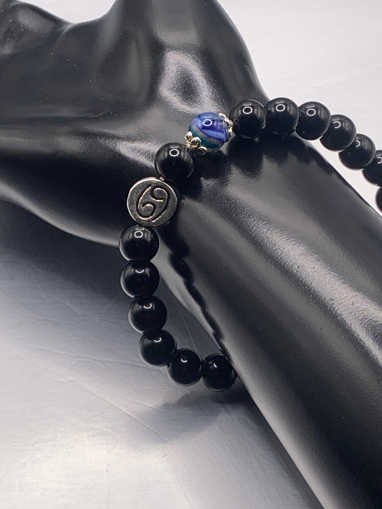 Cancer Zodiac black obsidian with blue lace agate semi precious stone/crystal elastic beaded bracelet with silver accents