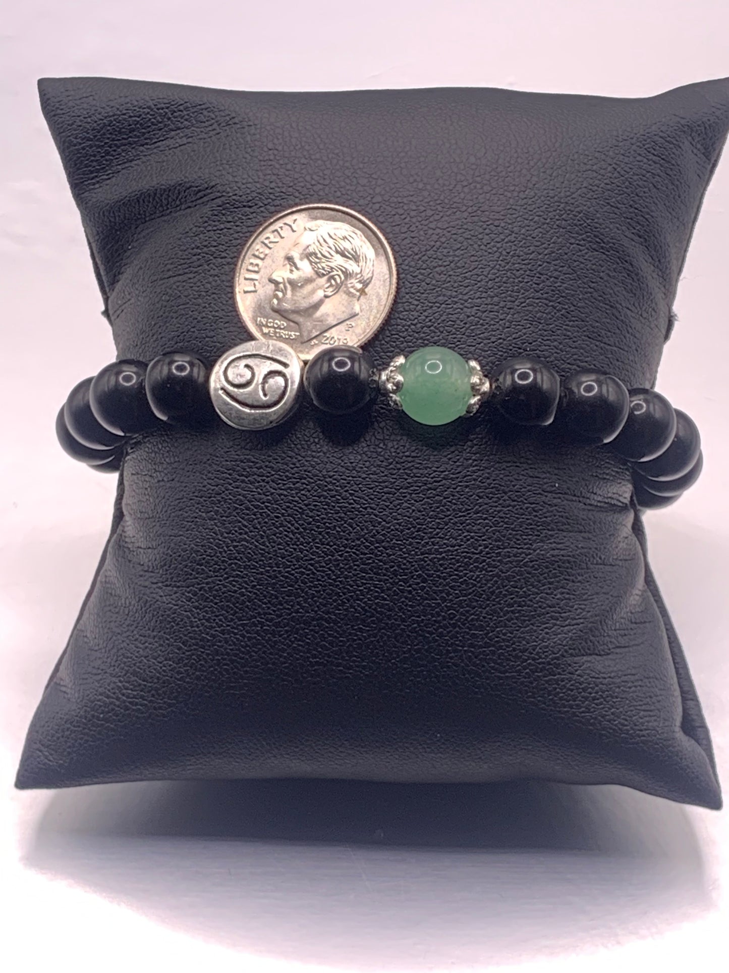Cancer Zodiac black obsidian with green aventurine semi precious stone/crystal elastic beaded bracelet with silver accents