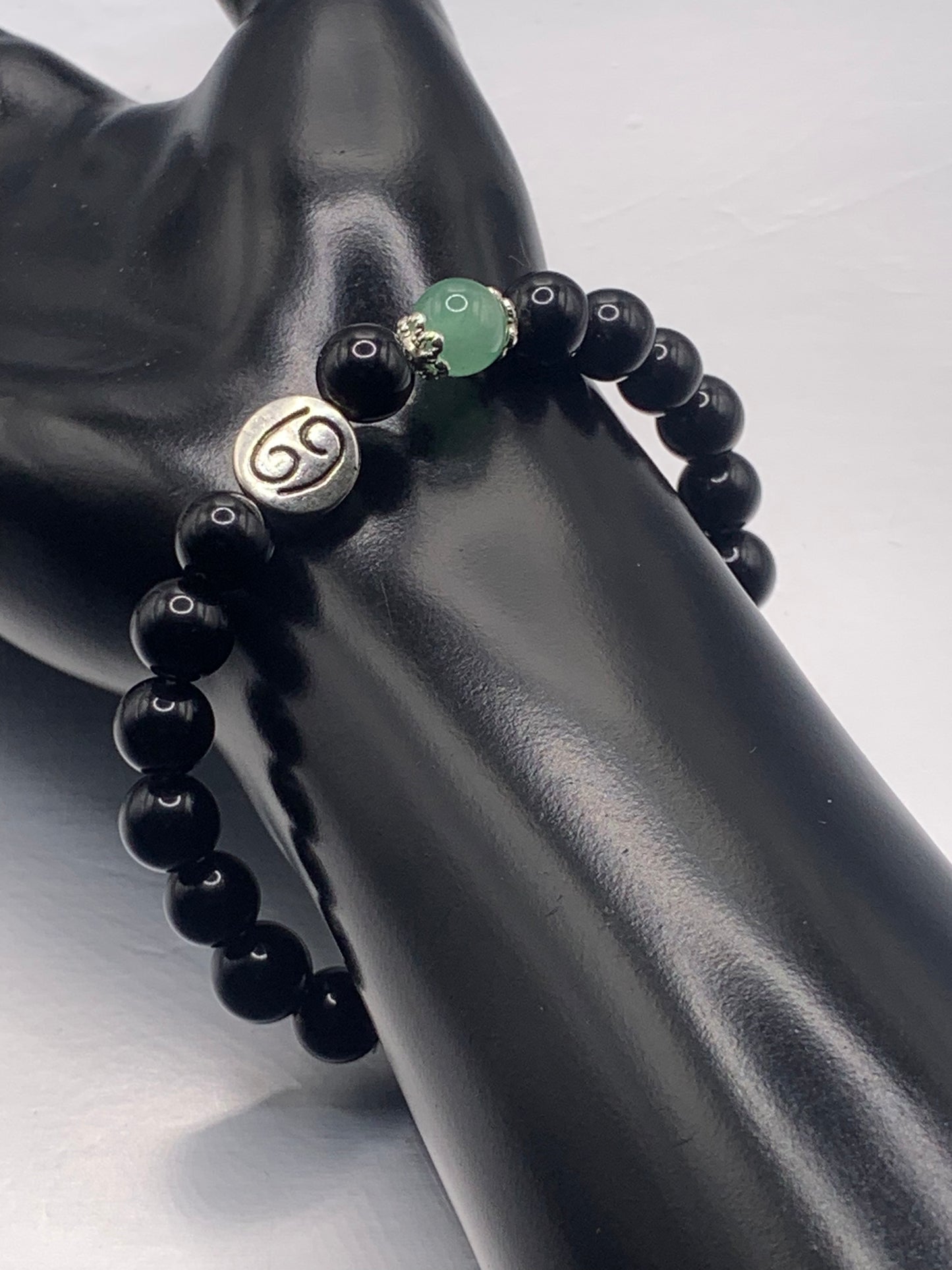 Cancer Zodiac black obsidian with green aventurine semi precious stone/crystal elastic beaded bracelet with silver accents