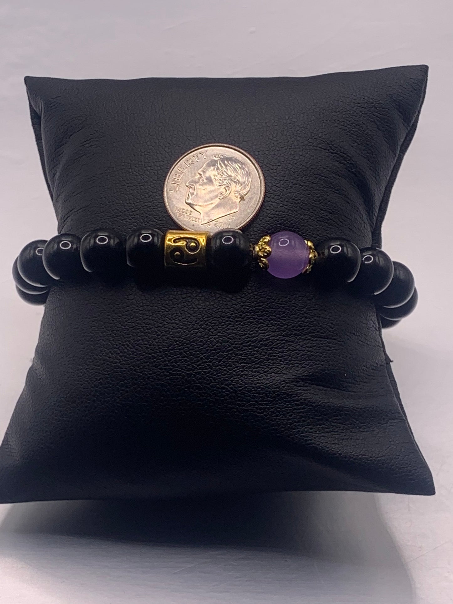Cancer Zodiac black obsidian with lavender agate semi precious stone/crystal elastic beaded bracelet with gold accents