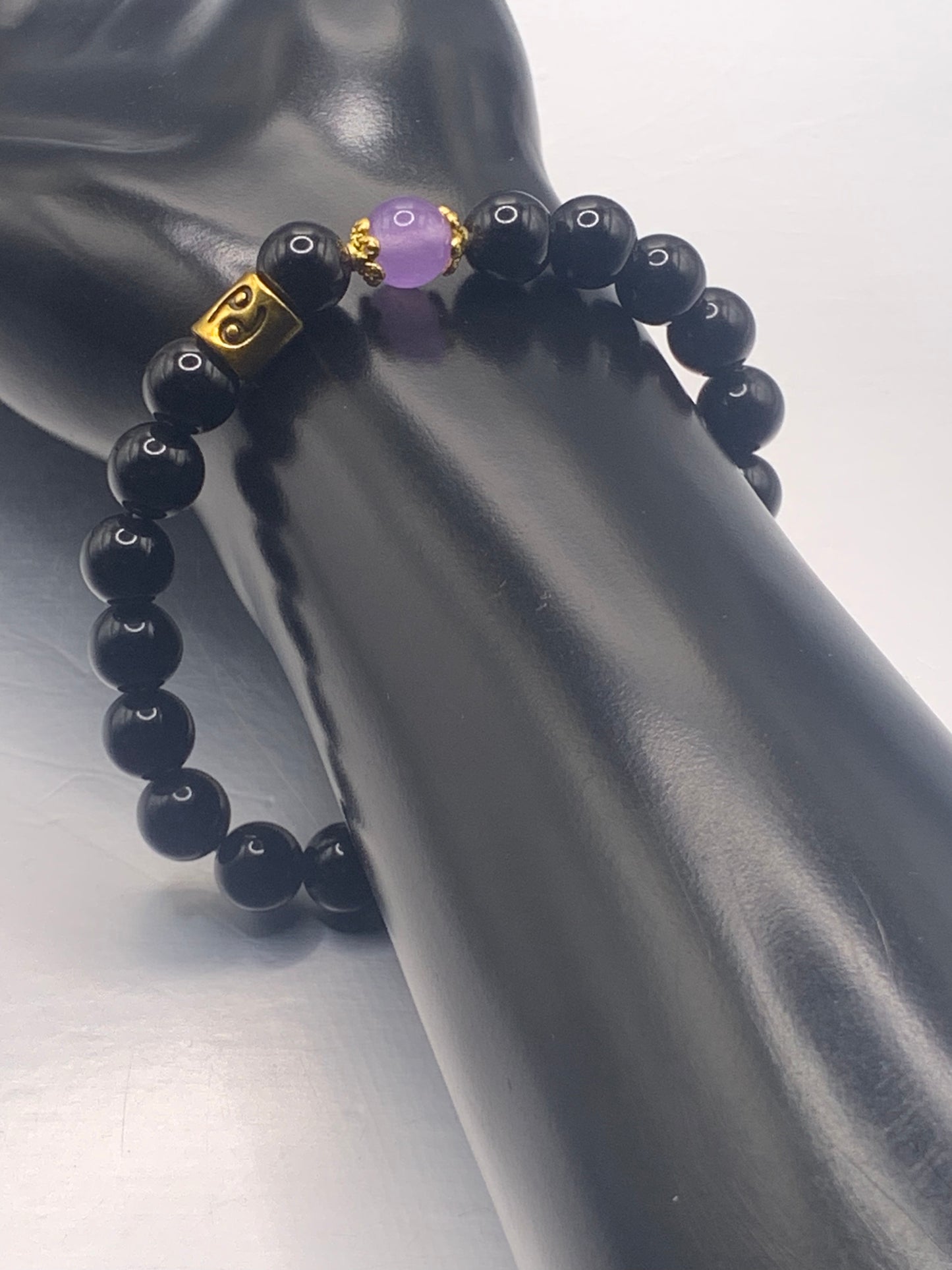 Cancer Zodiac black obsidian with lavender agate semi precious stone/crystal elastic beaded bracelet with gold accents