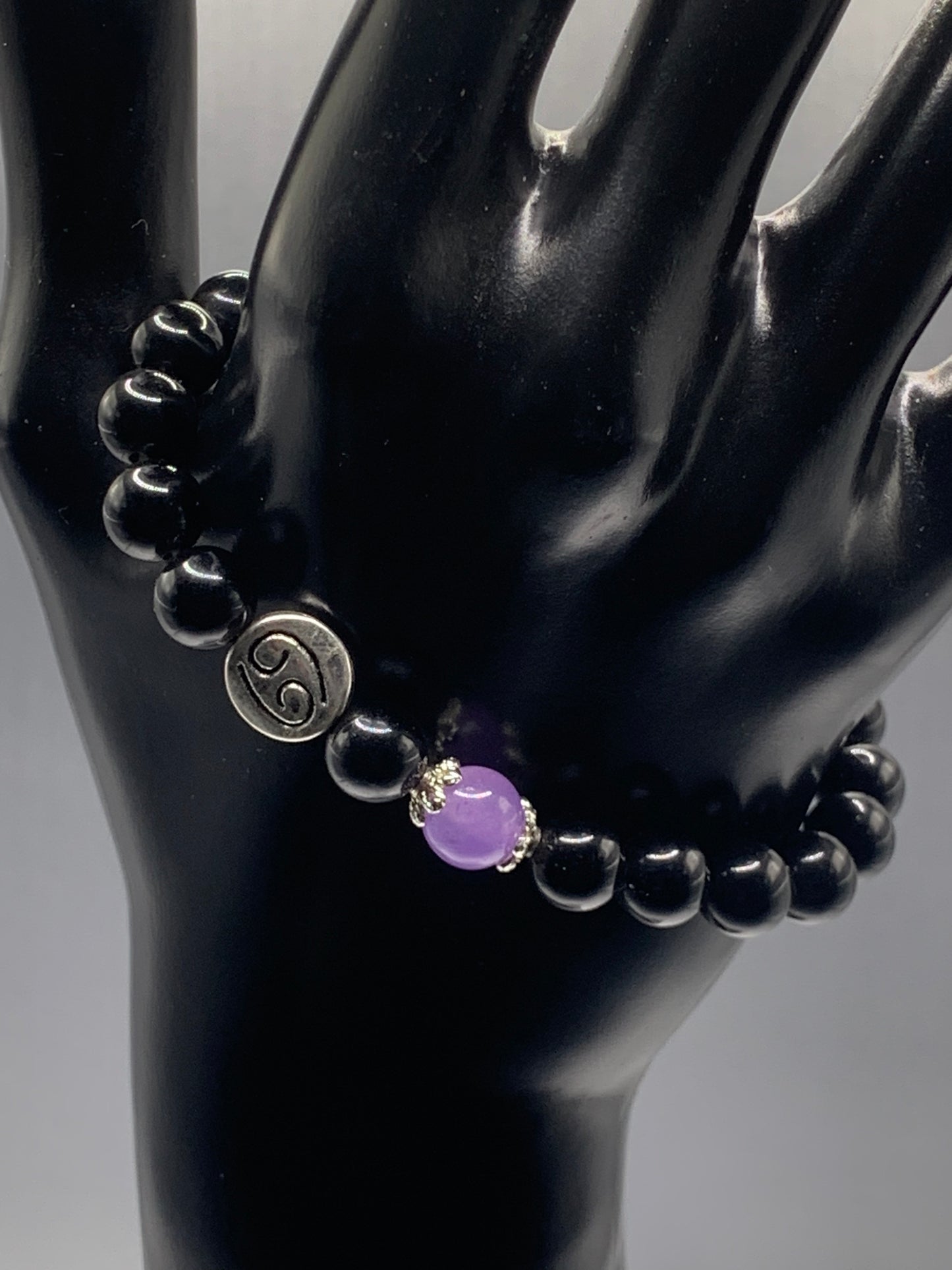Cancer Zodiac black obsidian with lavender agate semi precious stone/crystal elastic beaded bracelet with silver accents