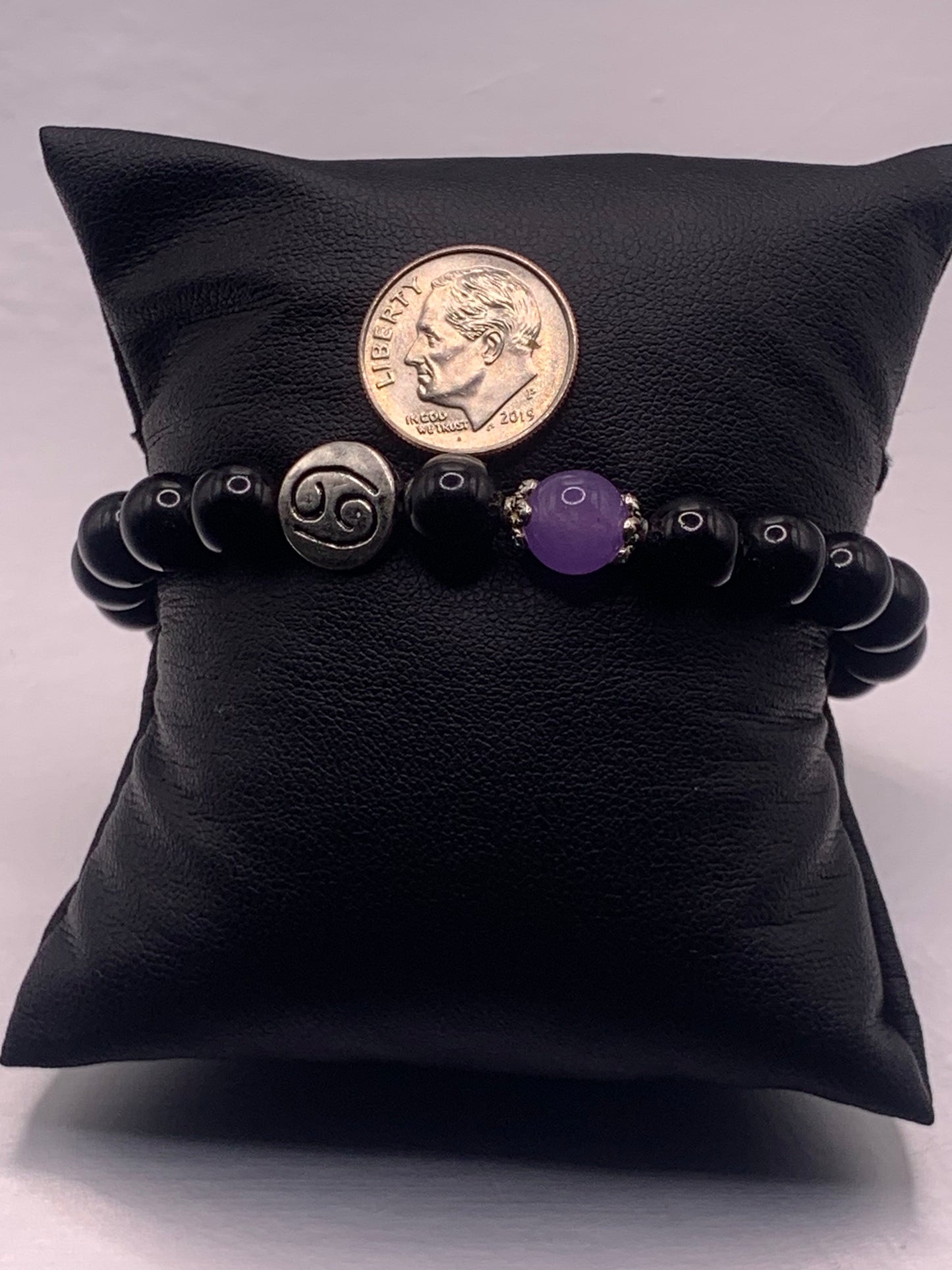 Cancer Zodiac black obsidian with lavender agate semi precious stone/crystal elastic beaded bracelet with silver accents