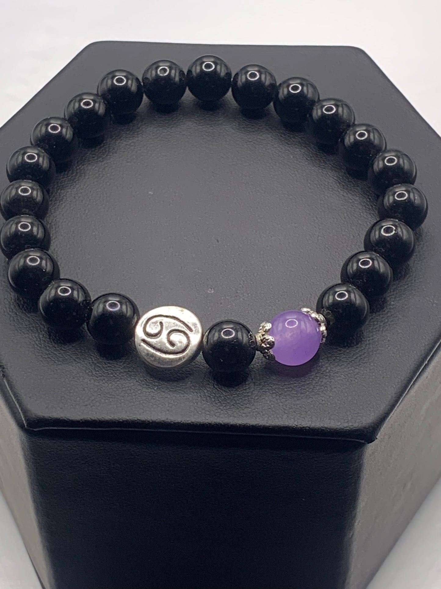 Cancer Zodiac black obsidian with lavender agate semi precious stone/crystal elastic beaded bracelet with silver accents