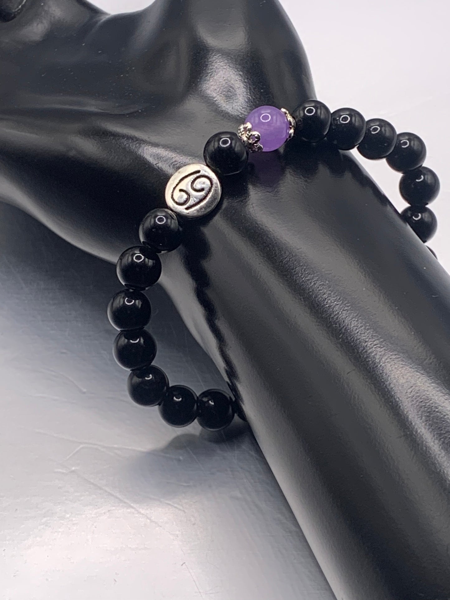 Cancer Zodiac black obsidian with lavender agate semi precious stone/crystal elastic beaded bracelet with silver accents
