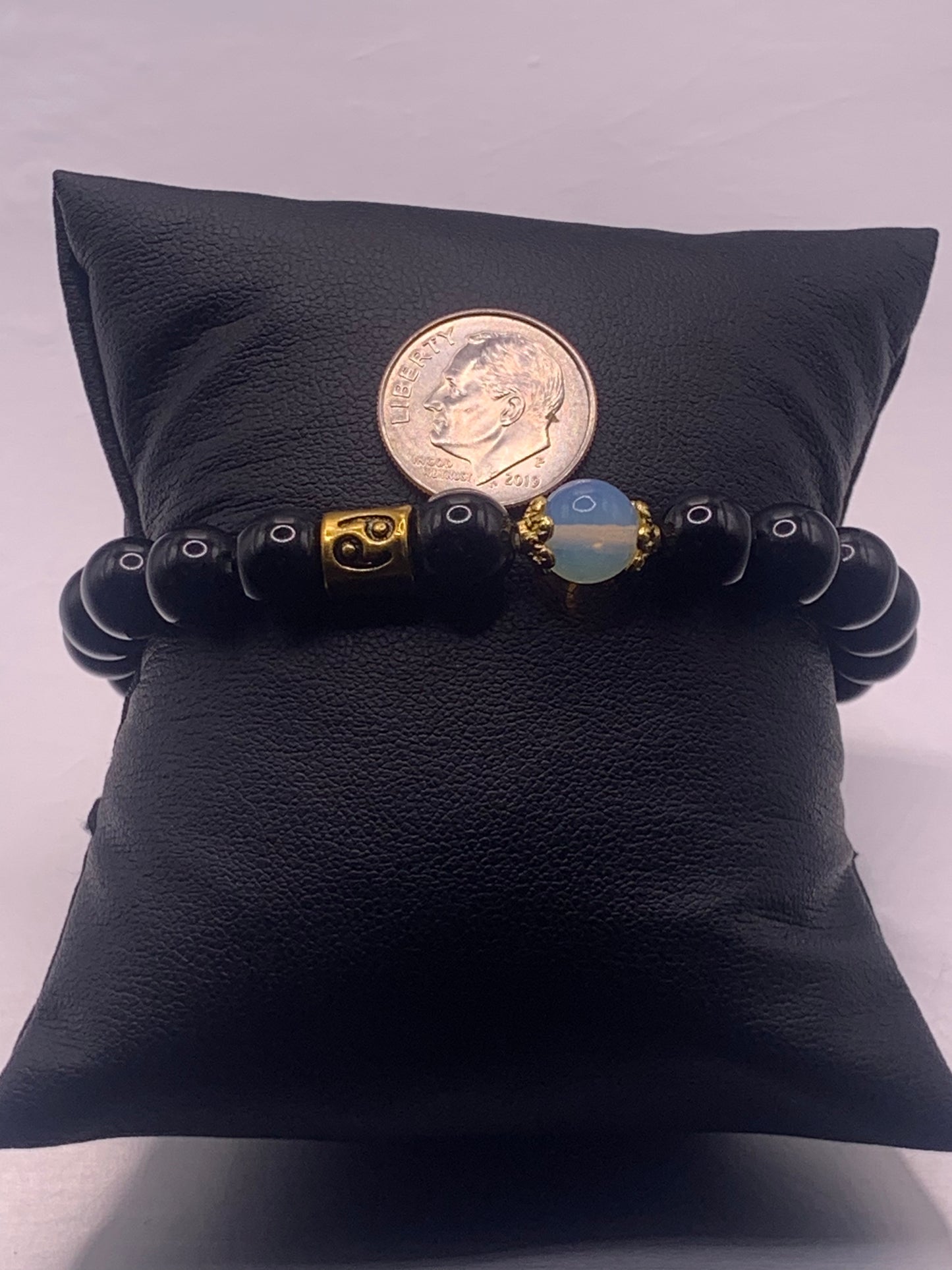 Cancer Zodiac black obsidian with opalite semi precious stone/crystal elastic beaded bracelet with gold accents