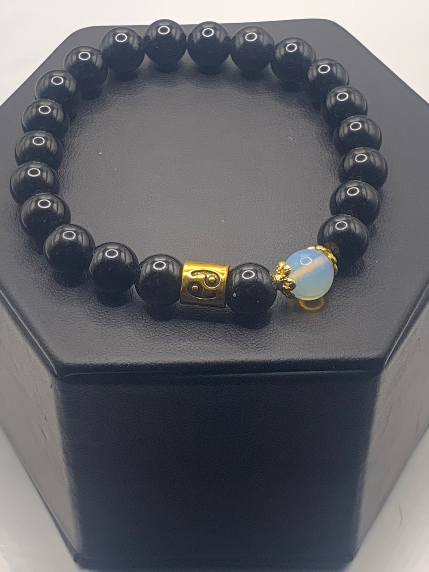 Cancer Zodiac black obsidian with opalite semi precious stone/crystal elastic beaded bracelet with gold accents