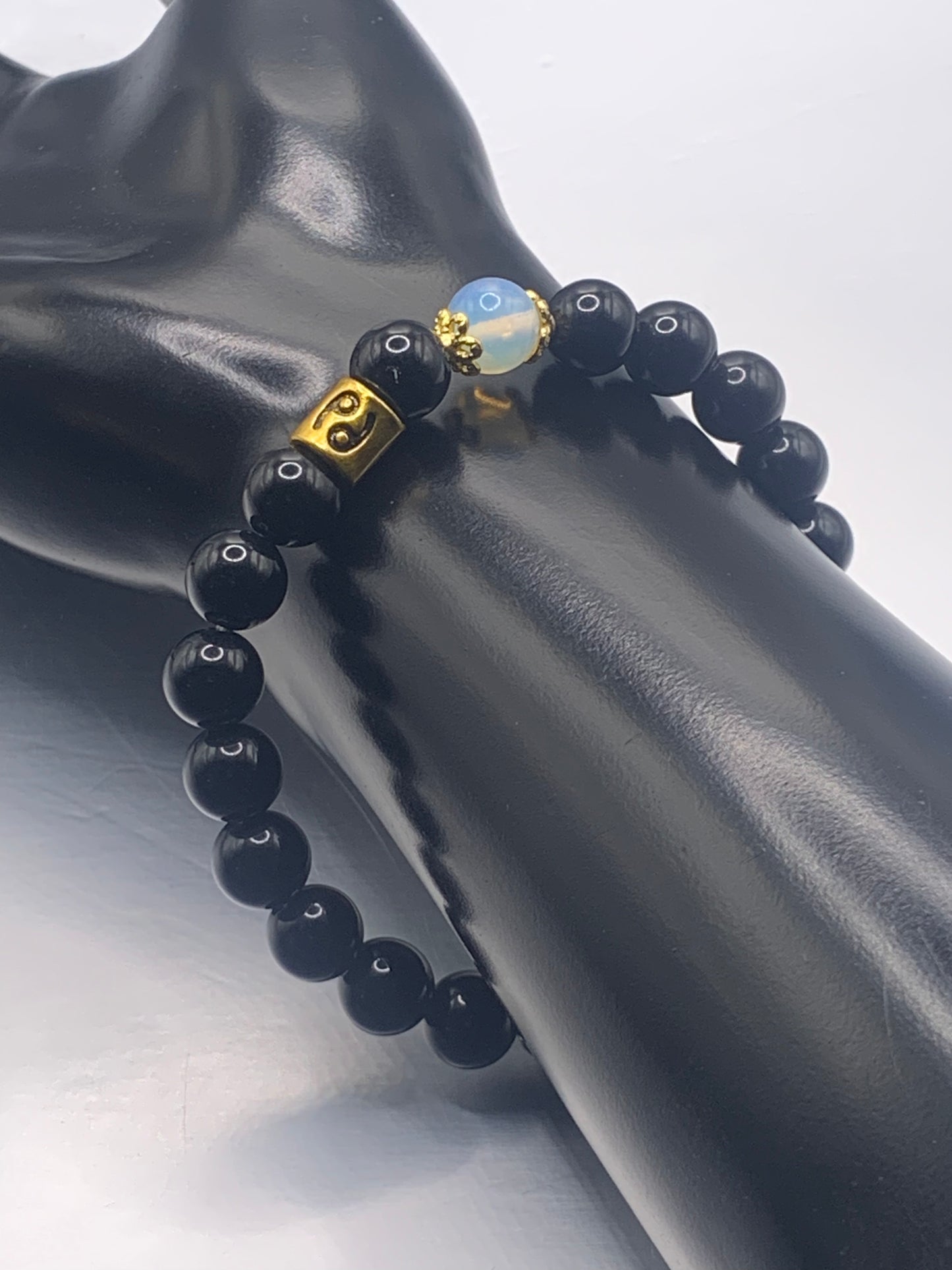 Cancer Zodiac black obsidian with opalite semi precious stone/crystal elastic beaded bracelet with gold accents