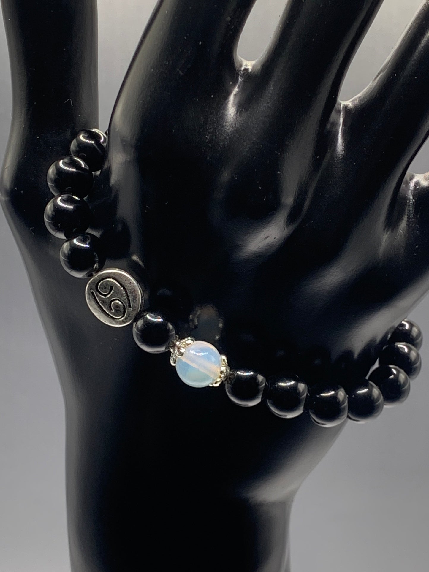 Cancer Zodiac black obsidian with opalite semi precious stone/crystal elastic beaded bracelet with silver accents