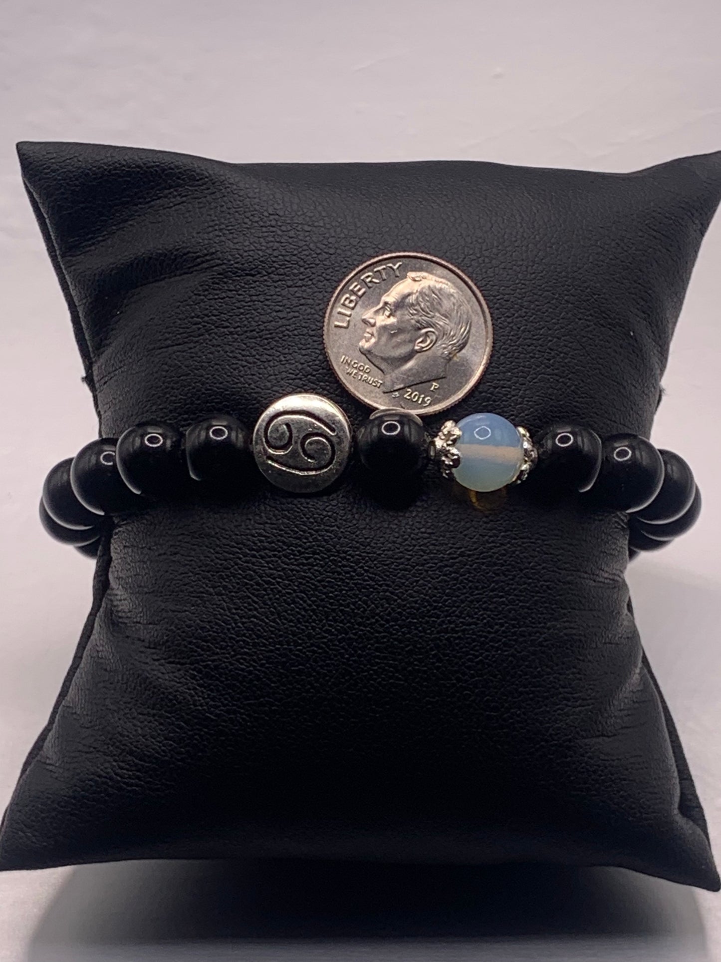 Cancer Zodiac black obsidian with opalite semi precious stone/crystal elastic beaded bracelet with silver accents