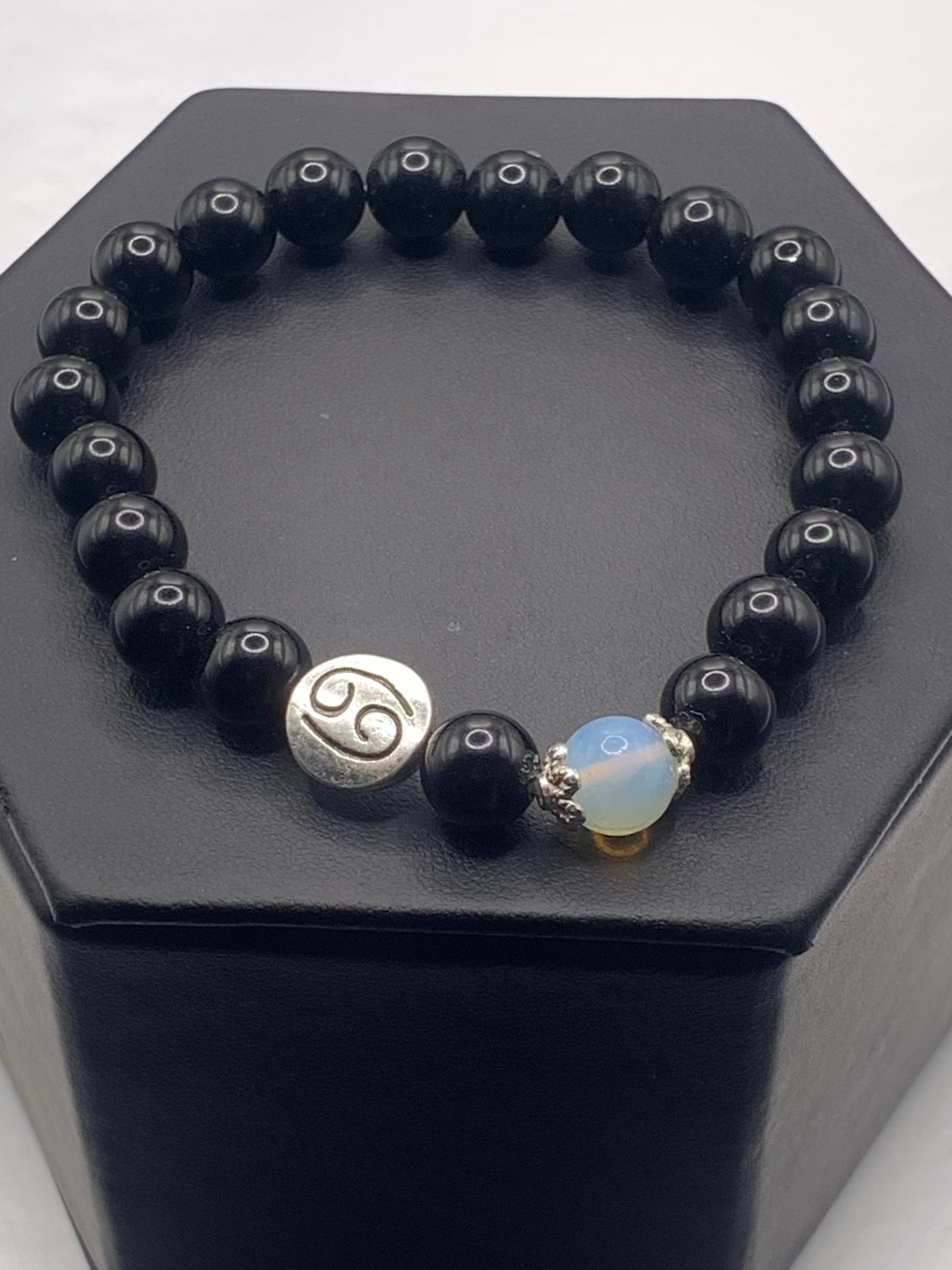 Cancer Zodiac black obsidian with opalite semi precious stone/crystal elastic beaded bracelet with silver accents