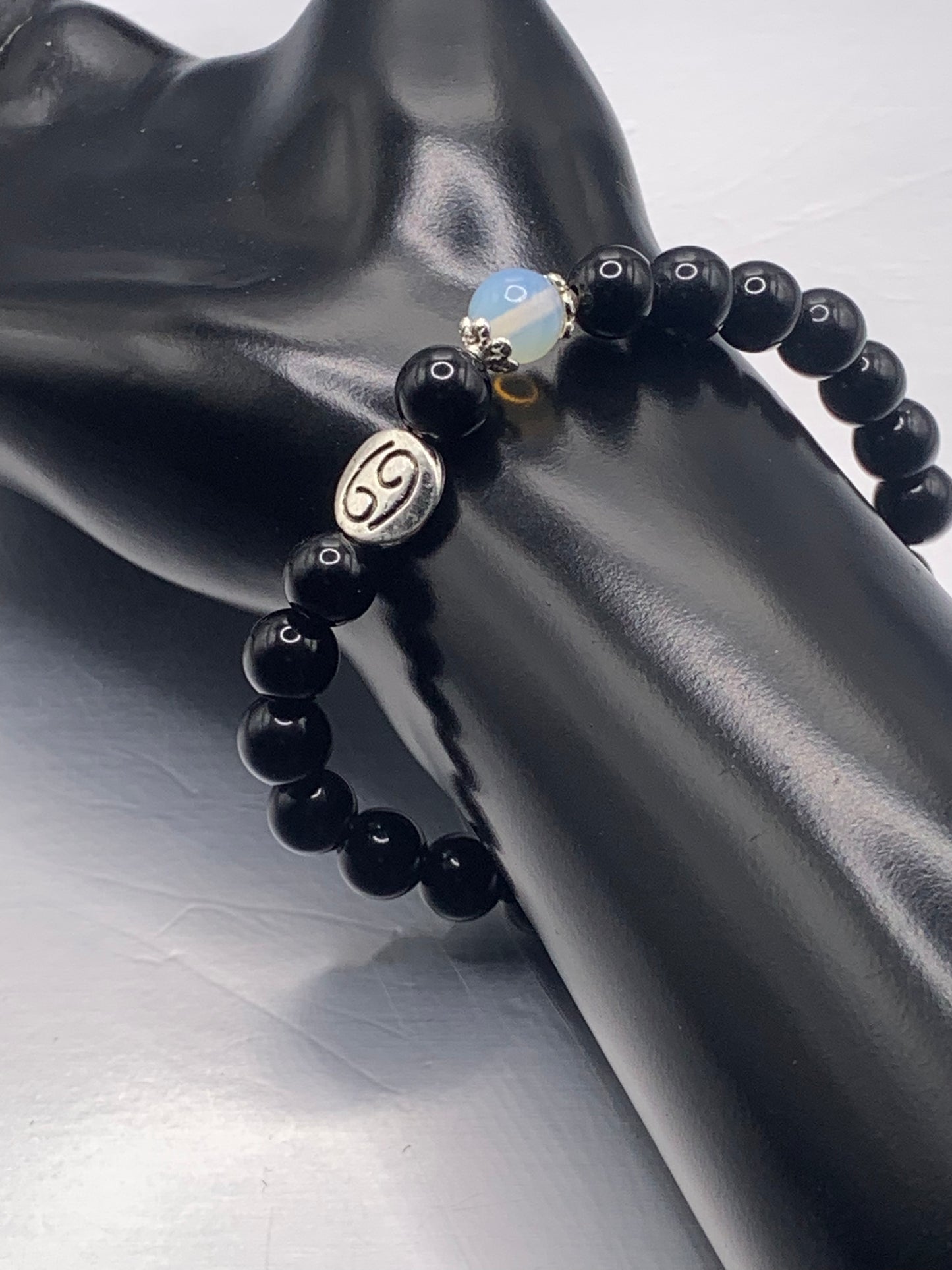 Cancer Zodiac black obsidian with opalite semi precious stone/crystal elastic beaded bracelet with silver accents