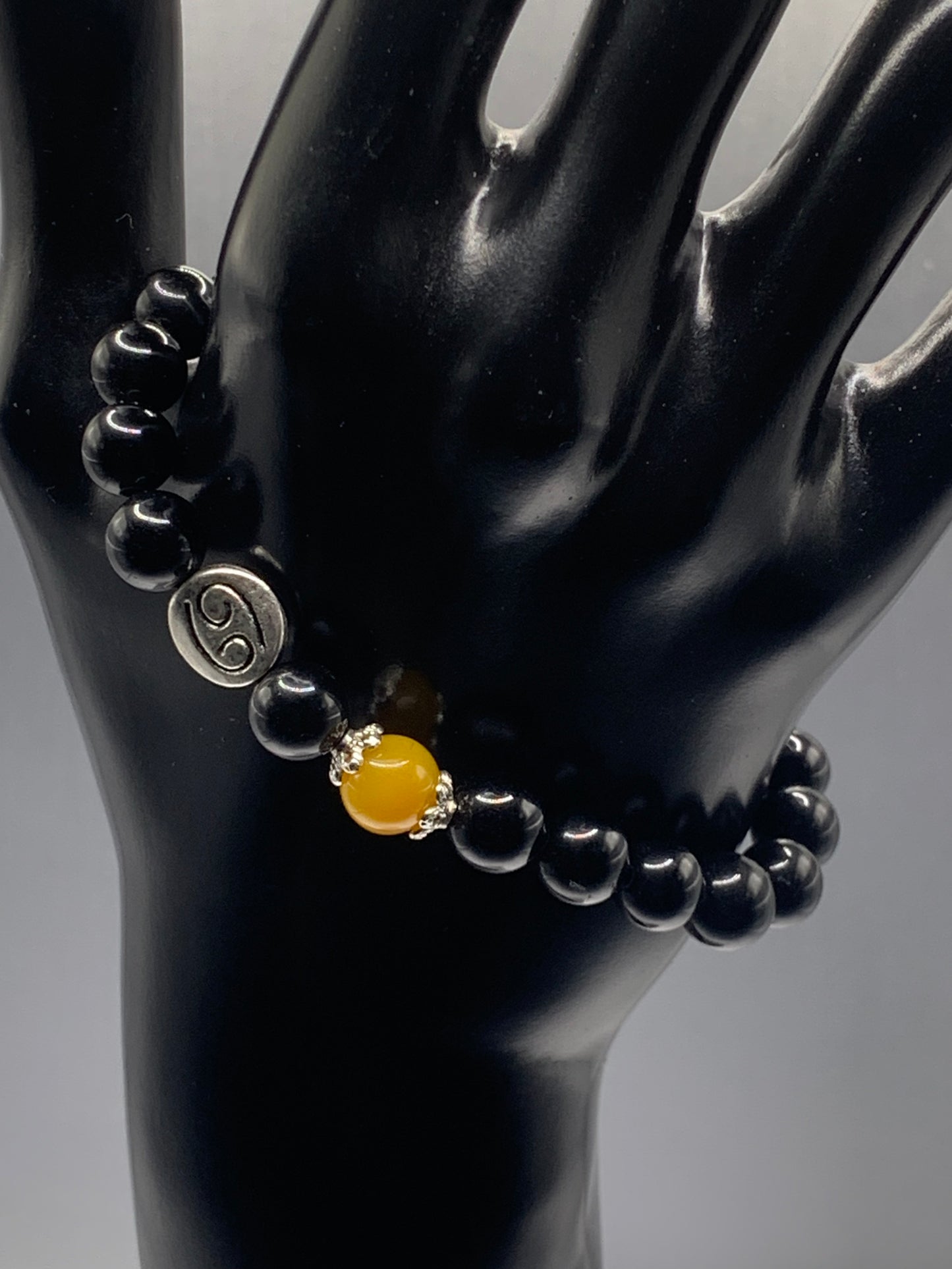 Cancer Zodiac black obsidian with orange agate semi precious stone/crystal elastic beaded bracelet with silver accents