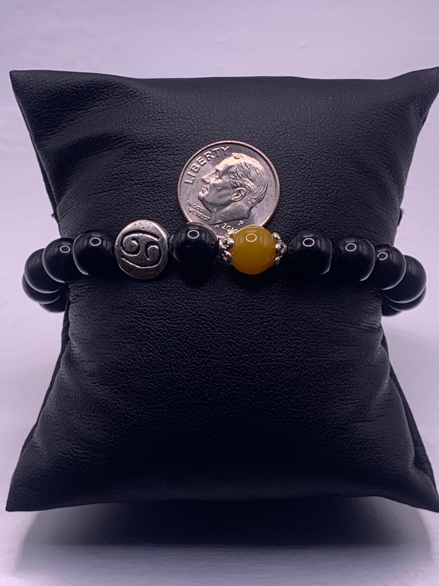 Cancer Zodiac black obsidian with orange agate semi precious stone/crystal elastic beaded bracelet with silver accents