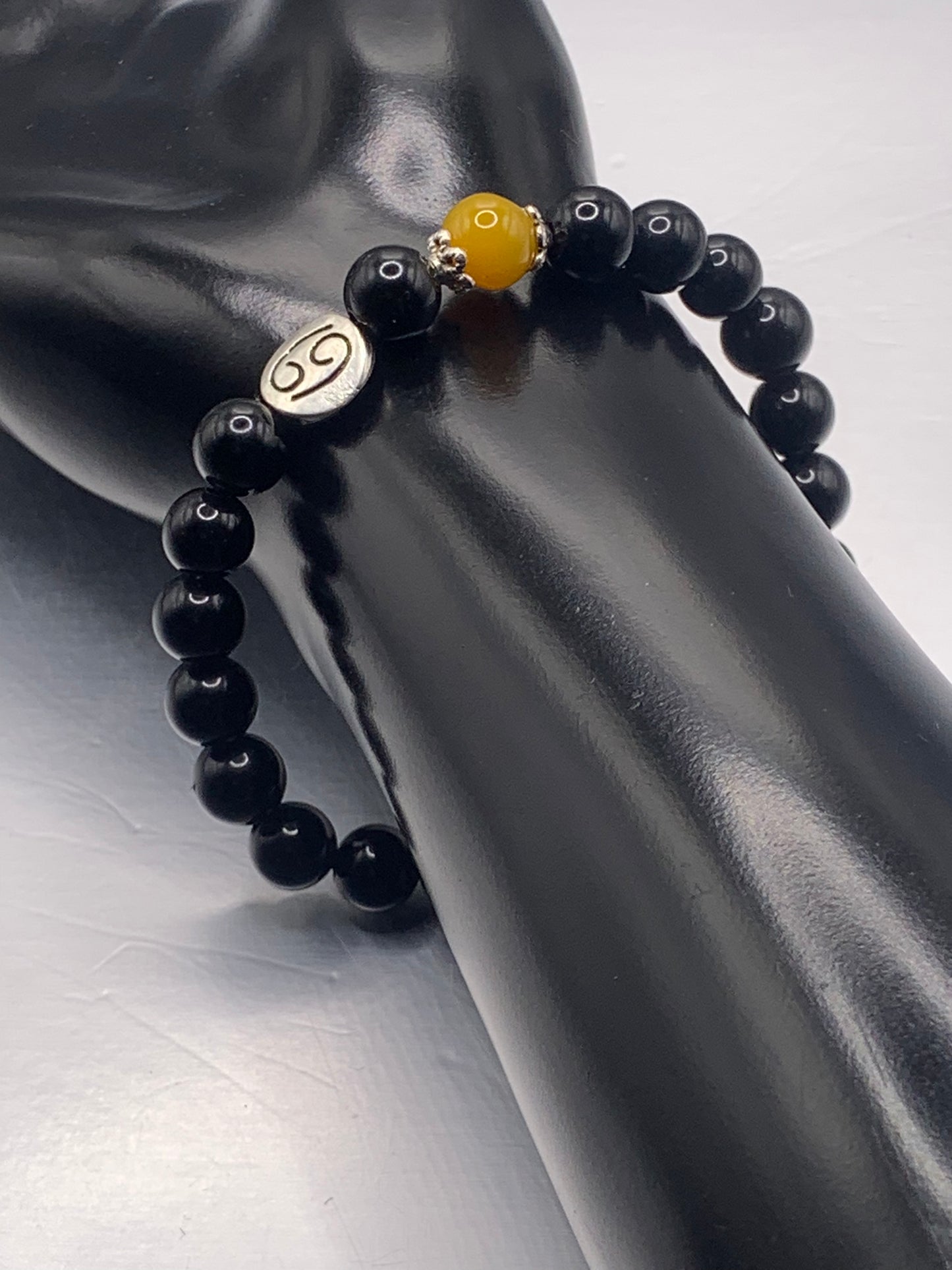 Cancer Zodiac black obsidian with orange agate semi precious stone/crystal elastic beaded bracelet with silver accents