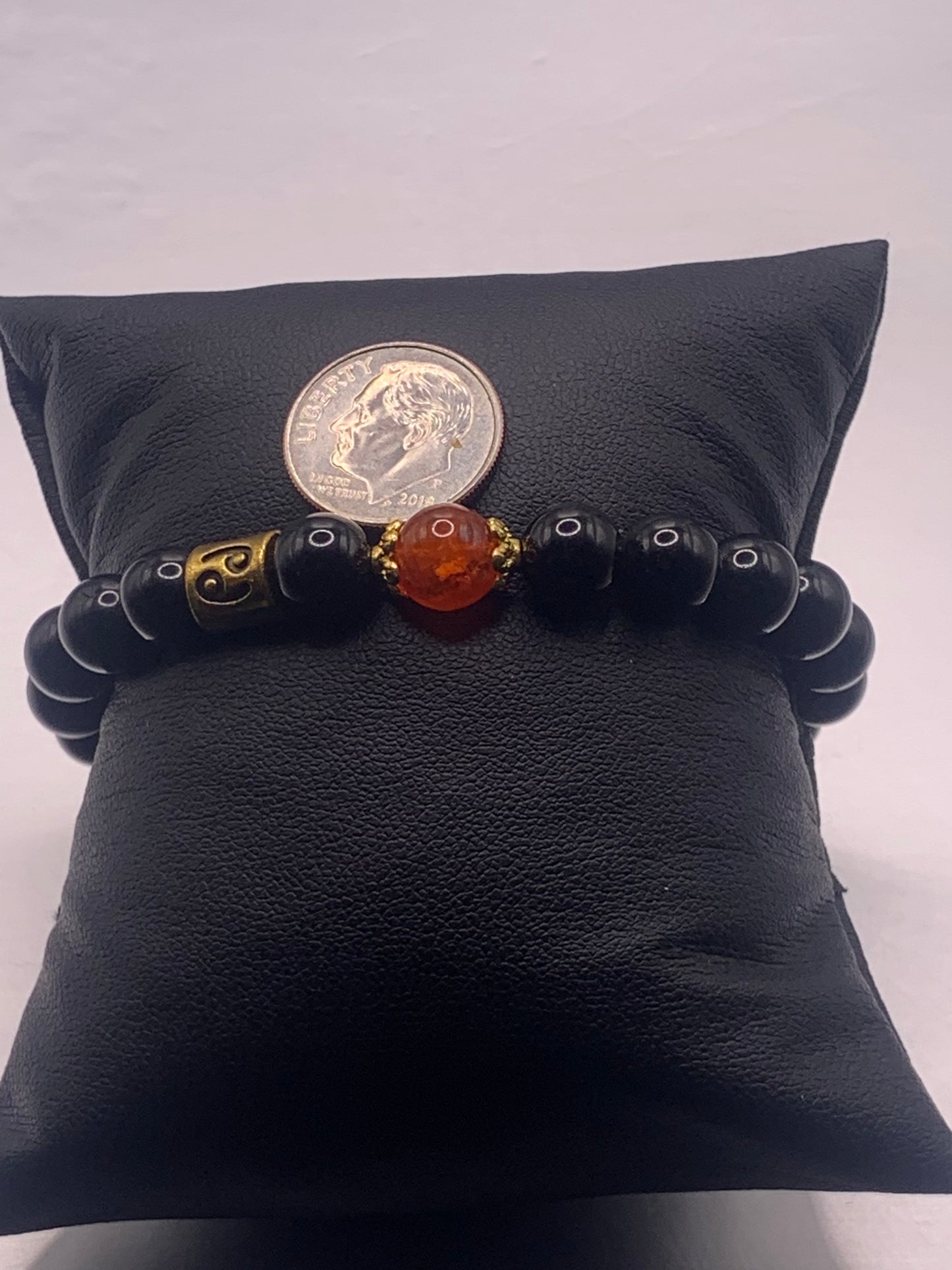 Cancer Zodiac black obsidian with phoenix agate semi precious stone/crystal elastic beaded bracelet with gold accents