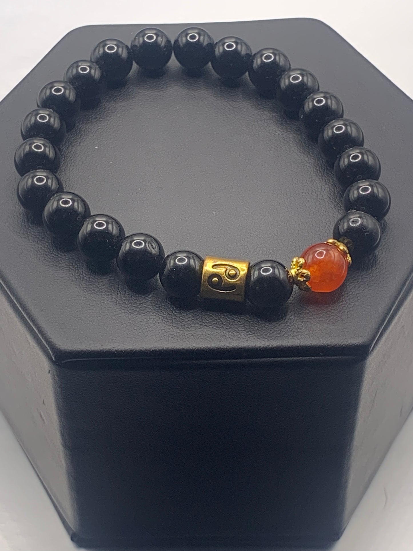 Cancer Zodiac black obsidian with phoenix agate semi precious stone/crystal elastic beaded bracelet with gold accents