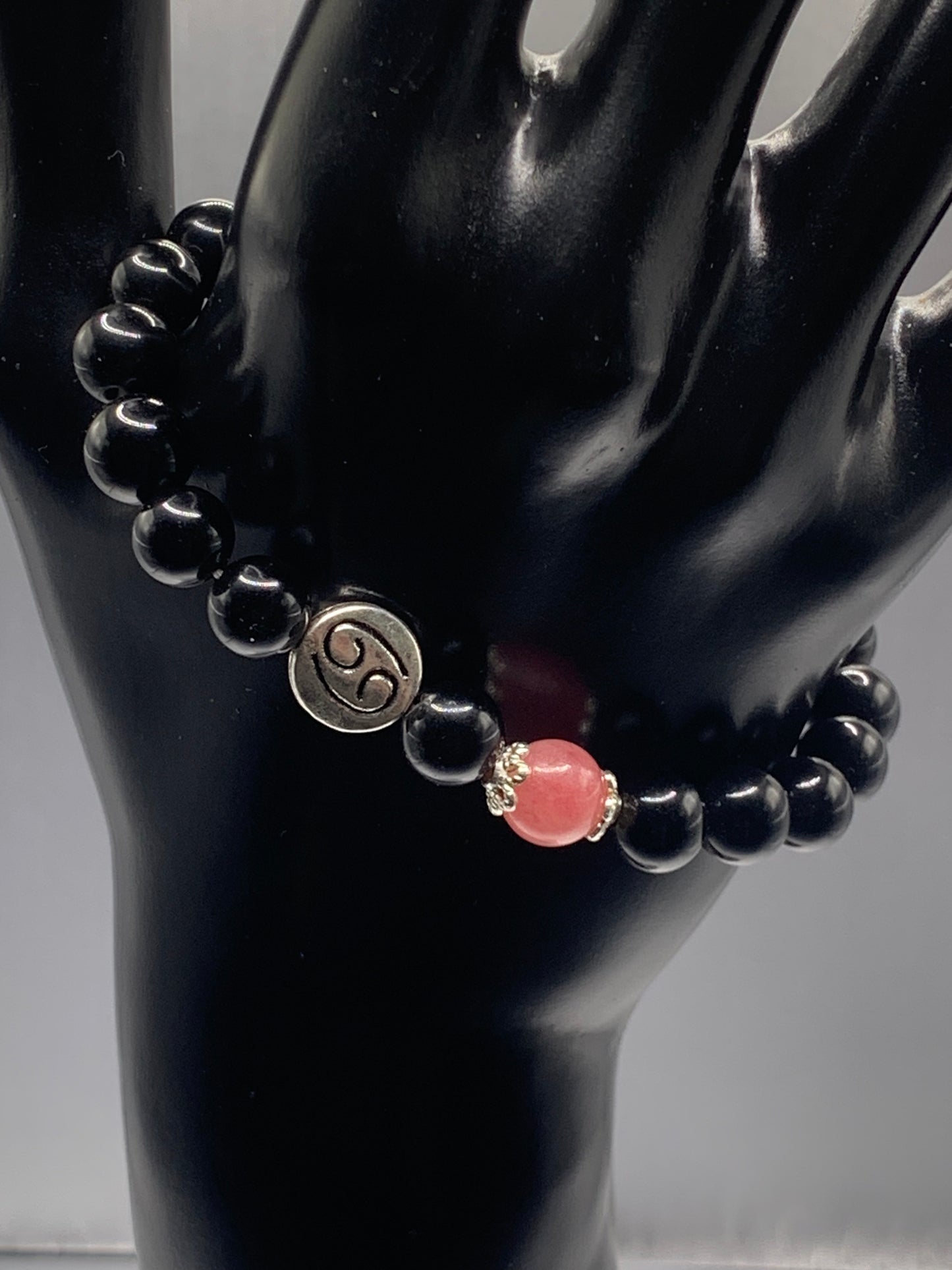 Cancer Zodiac black obsidian with pink chalcedony semi precious stone/crystal elastic beaded bracelet with silver accents