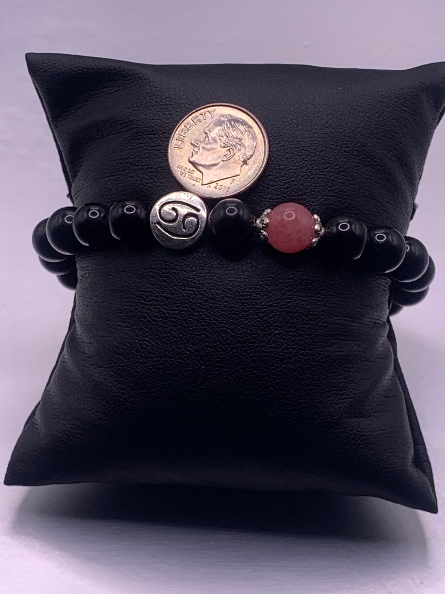 Cancer Zodiac black obsidian with pink chalcedony semi precious stone/crystal elastic beaded bracelet with silver accents