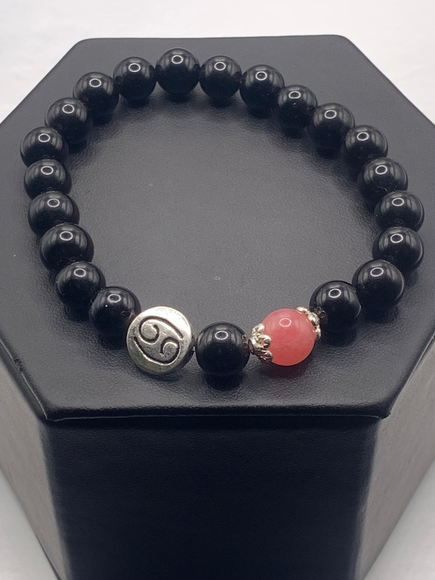 Cancer Zodiac black obsidian with pink chalcedony semi precious stone/crystal elastic beaded bracelet with silver accents