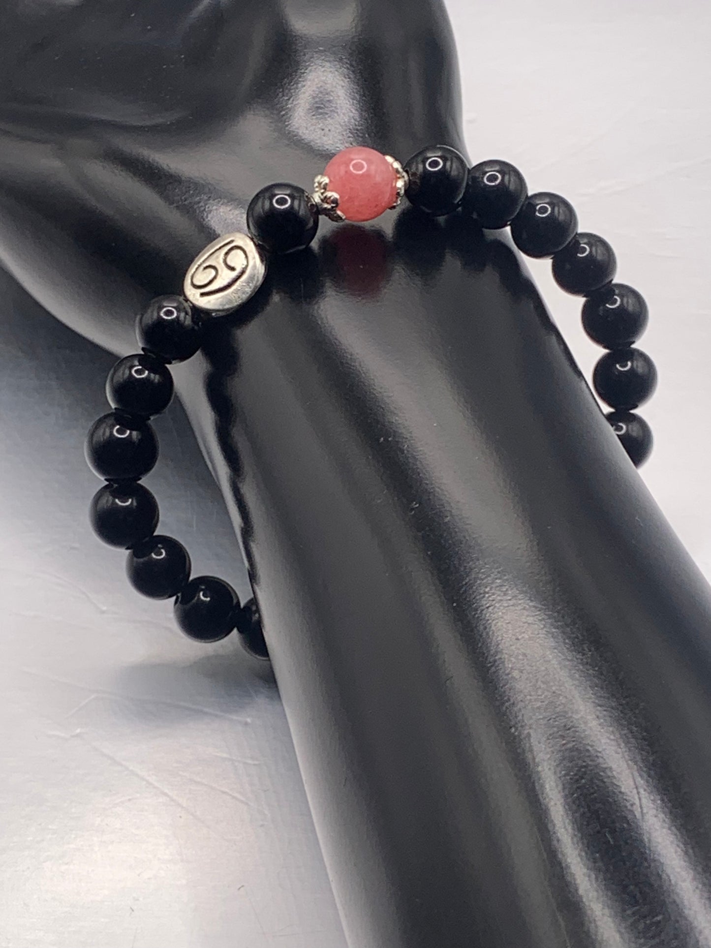 Cancer Zodiac black obsidian with pink chalcedony semi precious stone/crystal elastic beaded bracelet with silver accents