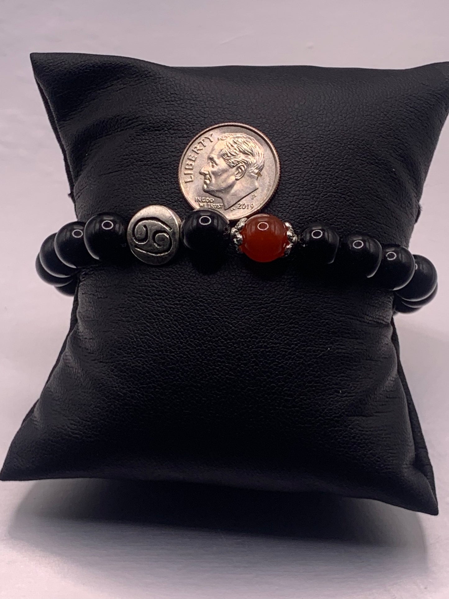 Cancer Zodiac black obsidian with red agate semi precious stone/crystal elastic beaded bracelet with silver accents