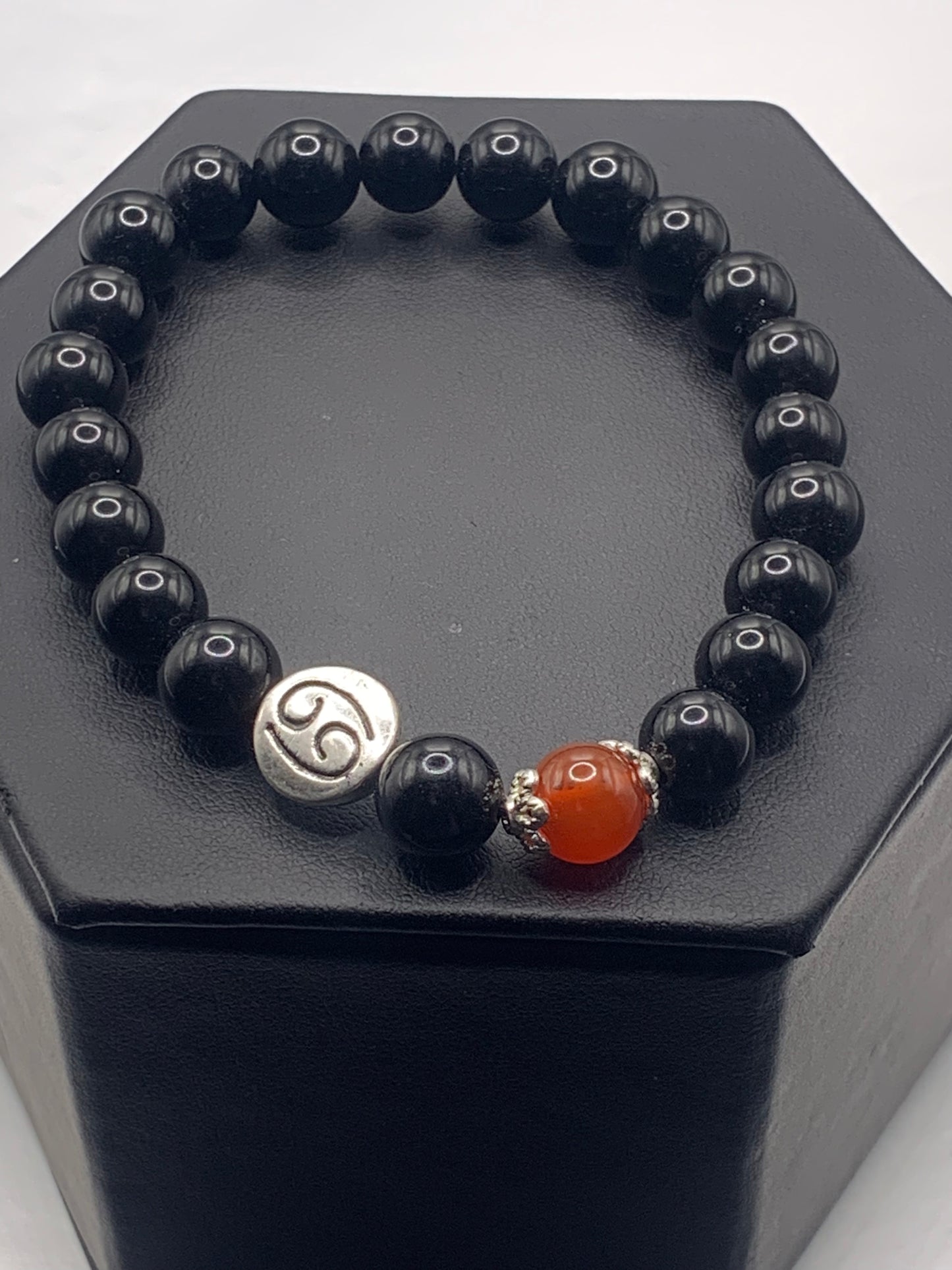Cancer Zodiac black obsidian with red agate semi precious stone/crystal elastic beaded bracelet with silver accents