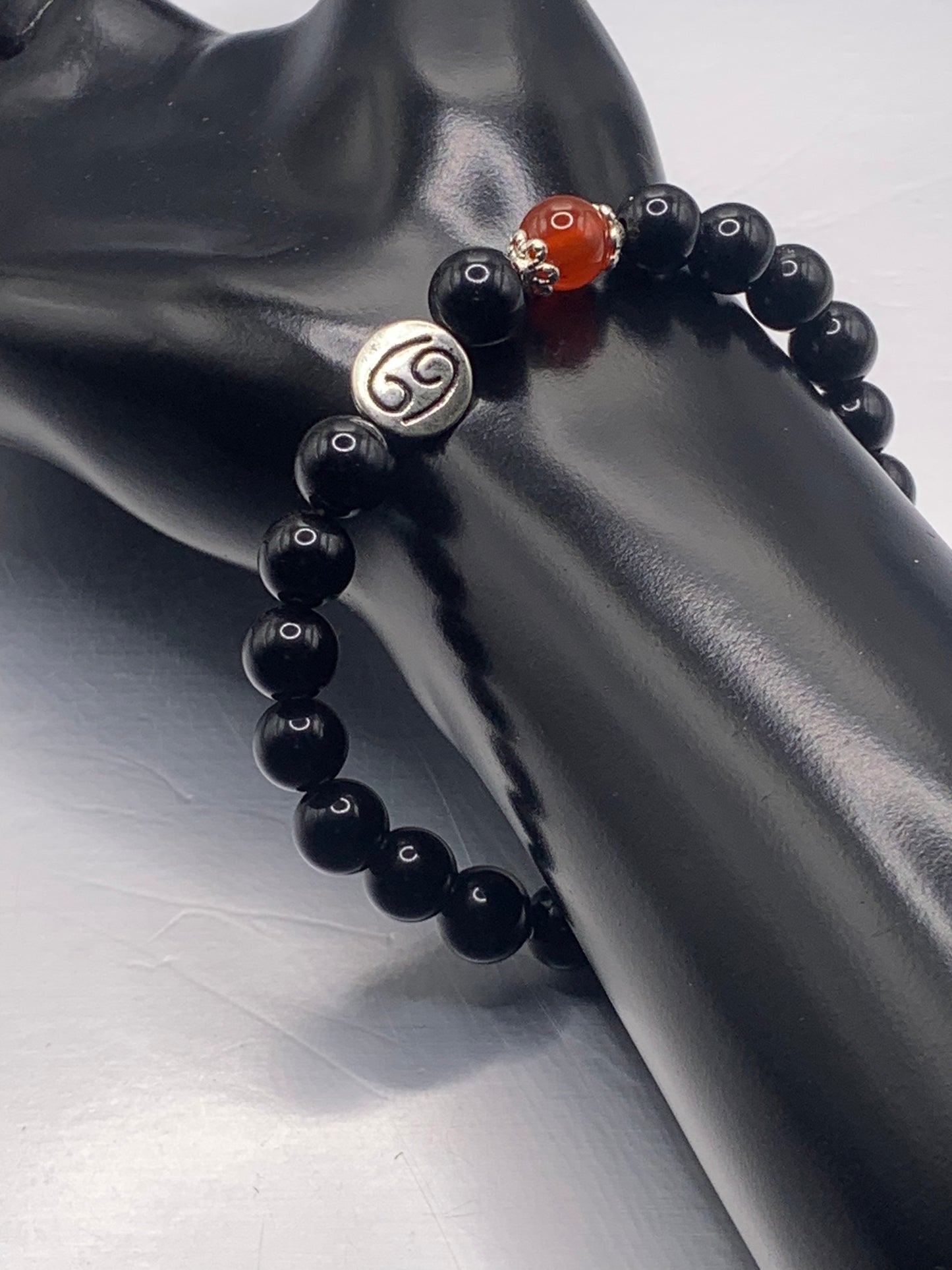 Cancer Zodiac black obsidian with red agate semi precious stone/crystal elastic beaded bracelet with silver accents