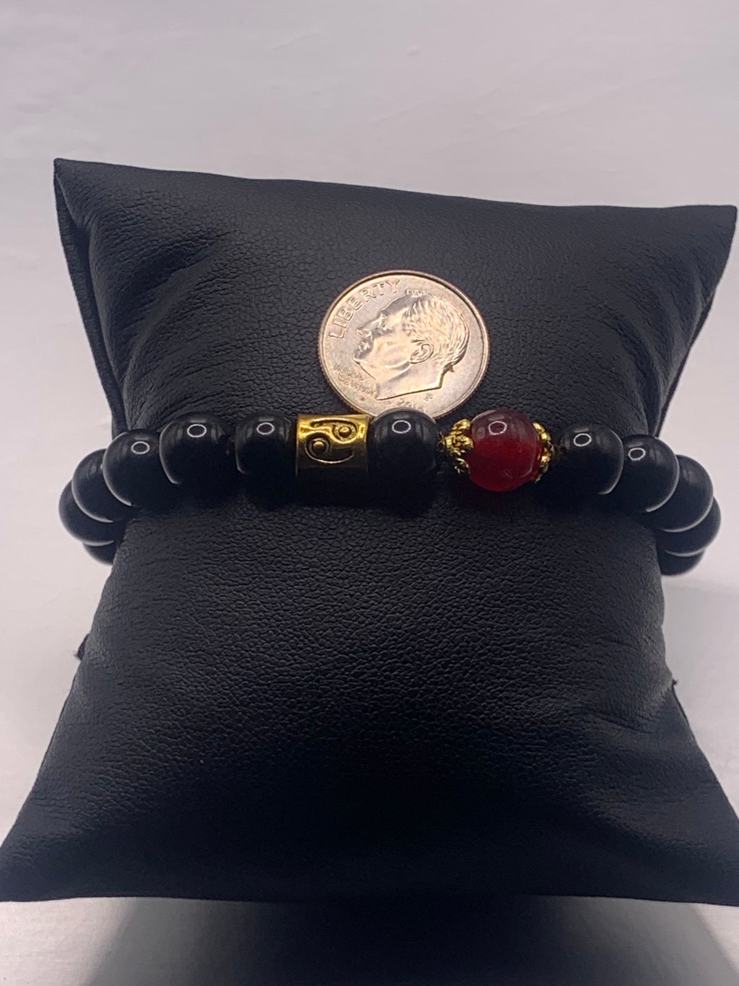Cancer Zodiac black obsidian with red chalcedony semi precious stone/crystal elastic beaded bracelet with gold accents