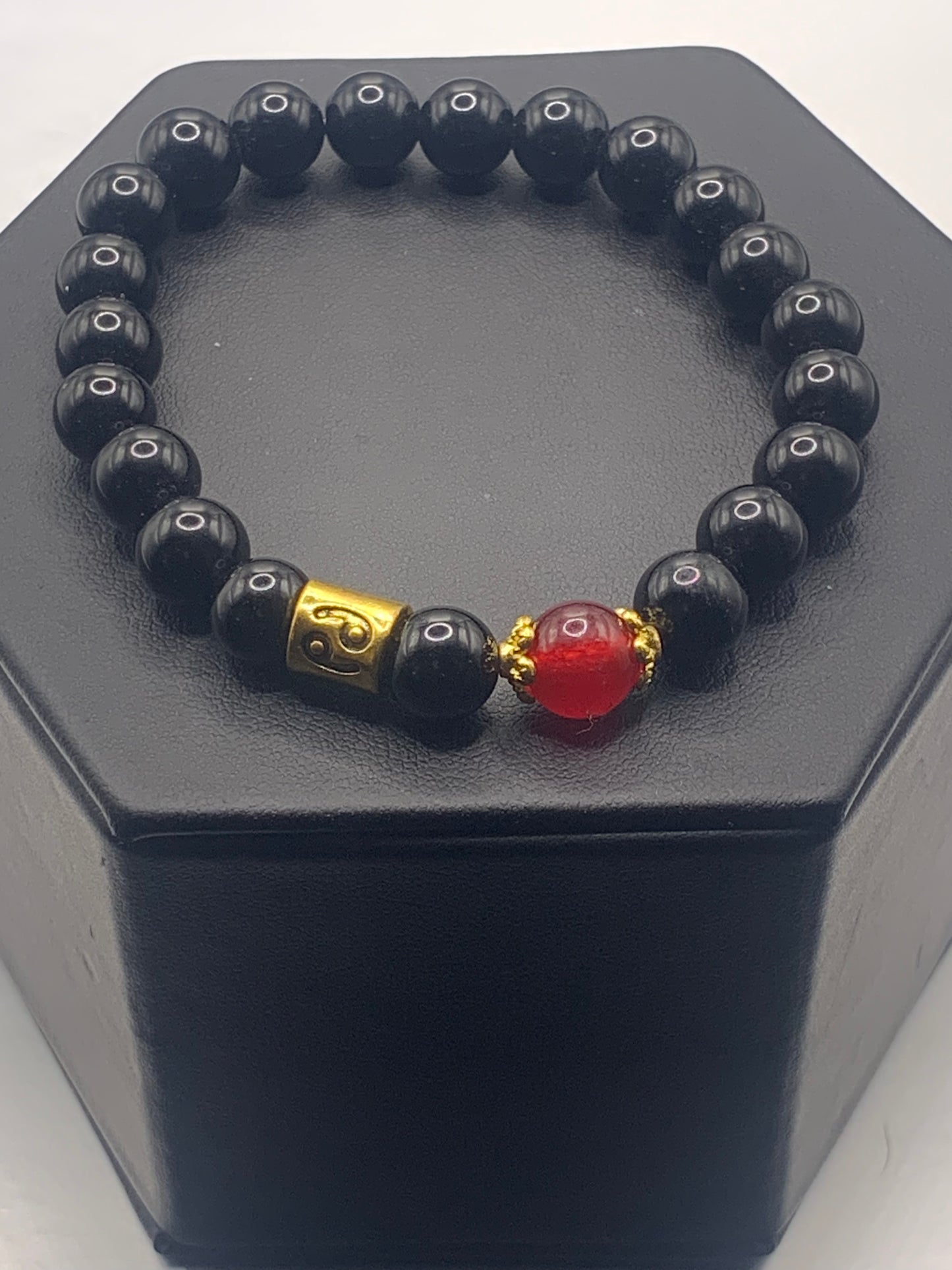 Cancer Zodiac black obsidian with red chalcedony semi precious stone/crystal elastic beaded bracelet with gold accents