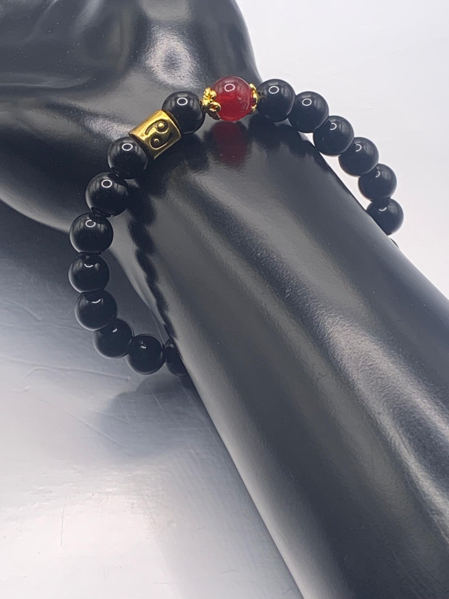 Cancer Zodiac black obsidian with red chalcedony semi precious stone/crystal elastic beaded bracelet with gold accents