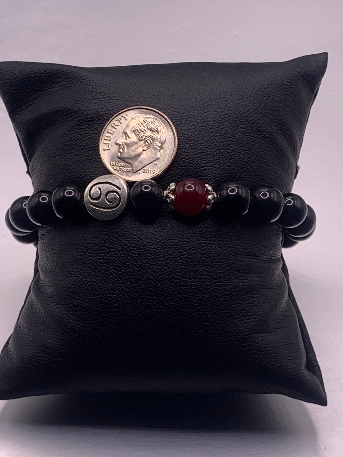 Cancer Zodiac black obsidian with red chalcedony semi precious stone/crystal elastic beaded bracelet with silver accents