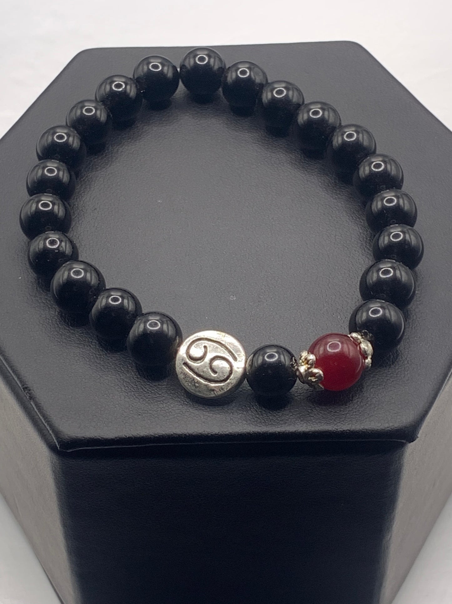 Cancer Zodiac black obsidian with red chalcedony semi precious stone/crystal elastic beaded bracelet with silver accents