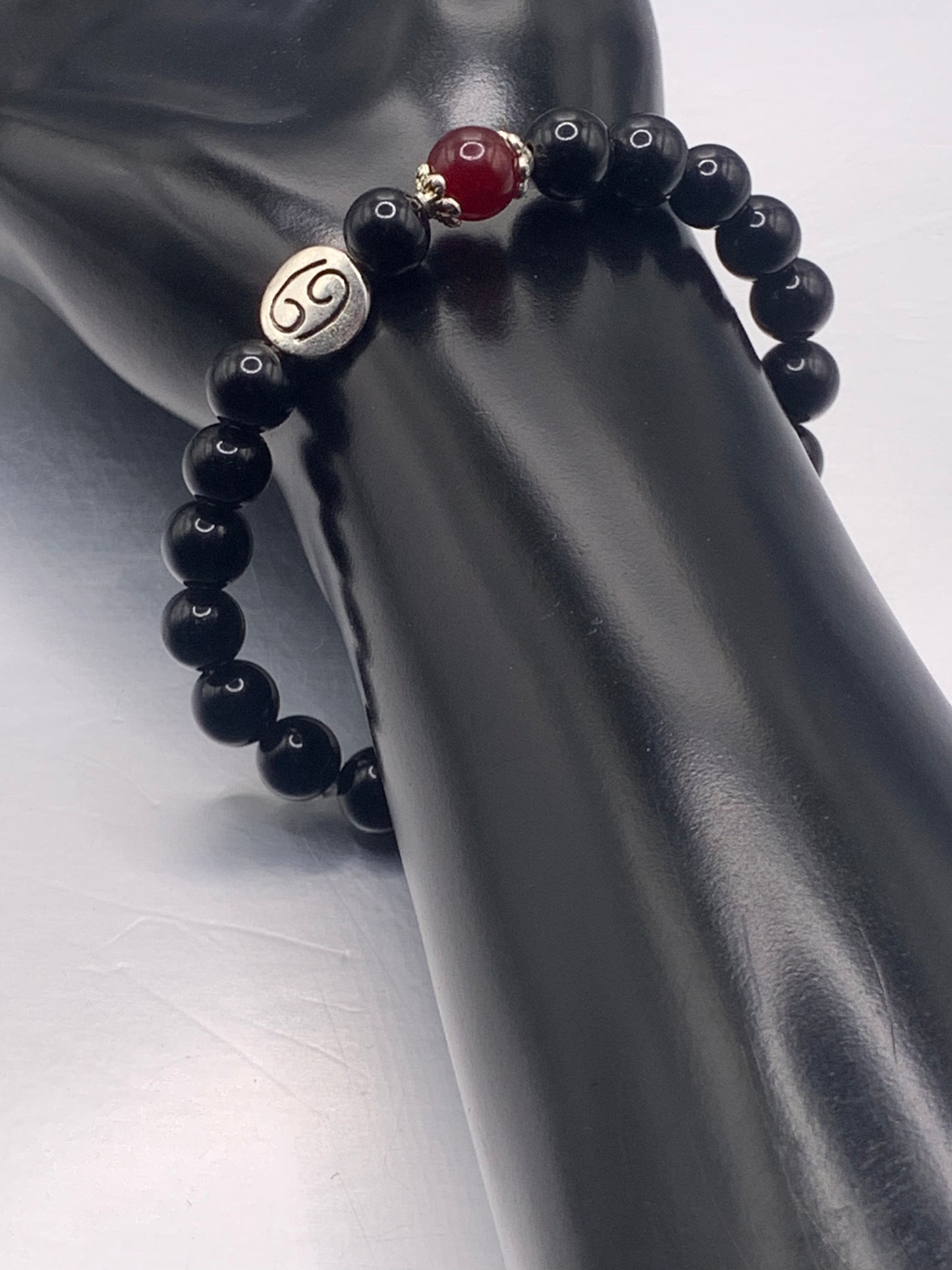 Cancer Zodiac black obsidian with red chalcedony semi precious stone/crystal elastic beaded bracelet with silver accents