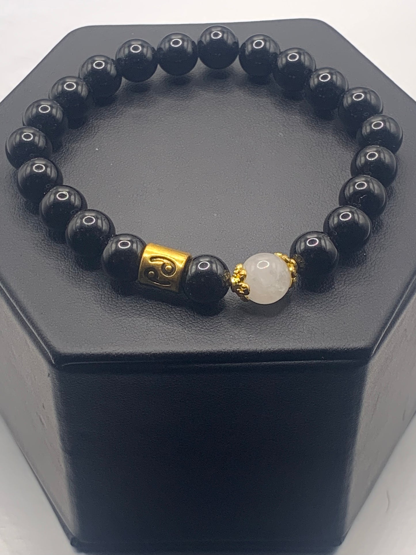 Cancer Zodiac black obsidian with white chalcedony semi precious stone/crystal elastic beaded bracelet with gold accents